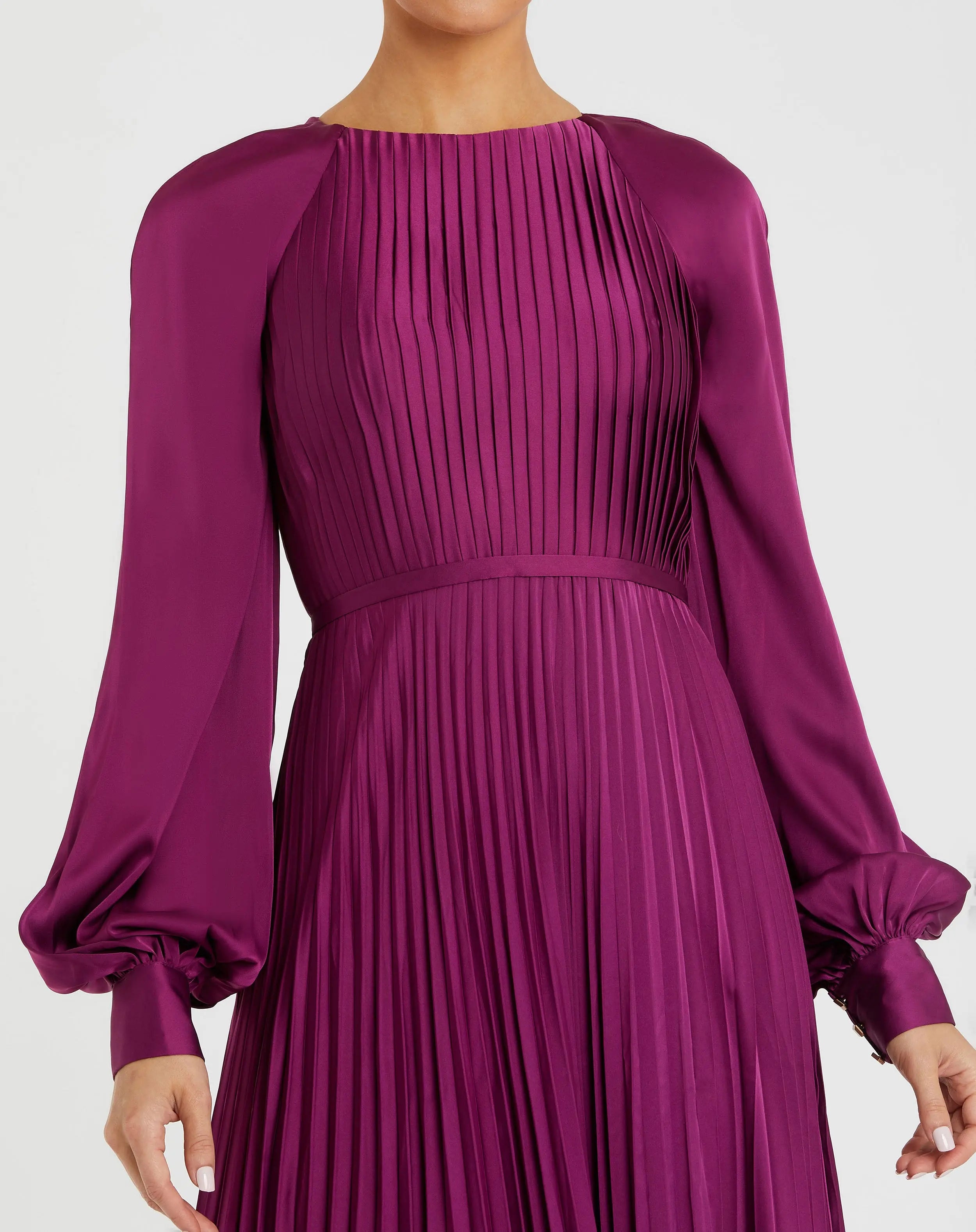Purple Pleated High Neck Raglan Long Sleeve Side Slit Gown - Mac Duggal