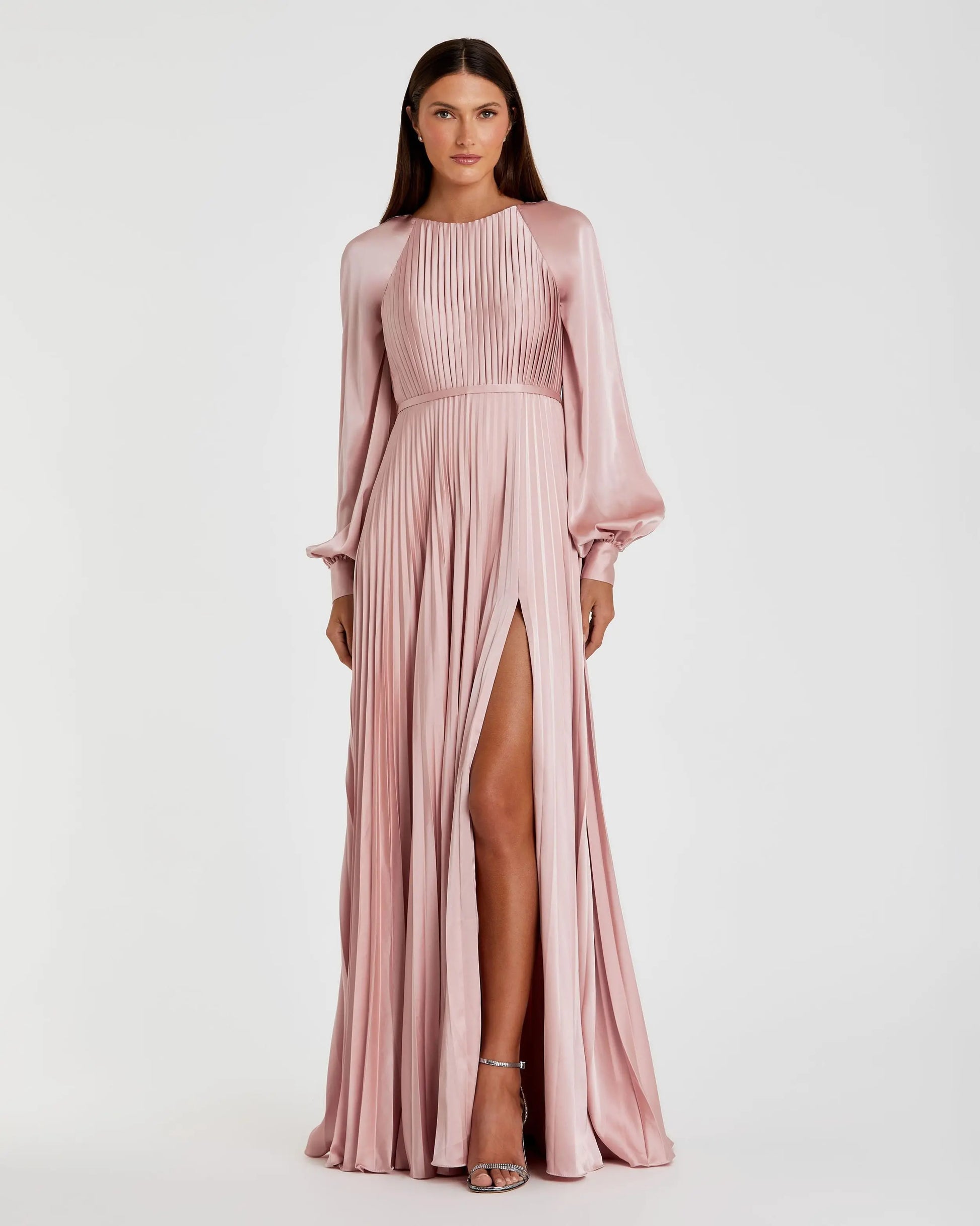 Pink Pleated High Neck Raglan Long Sleeve Side Slit Gown | Mac Duggal Pink Pleated High Neck Raglan Long Sleeve Side Slit Gown | Mac Duggal