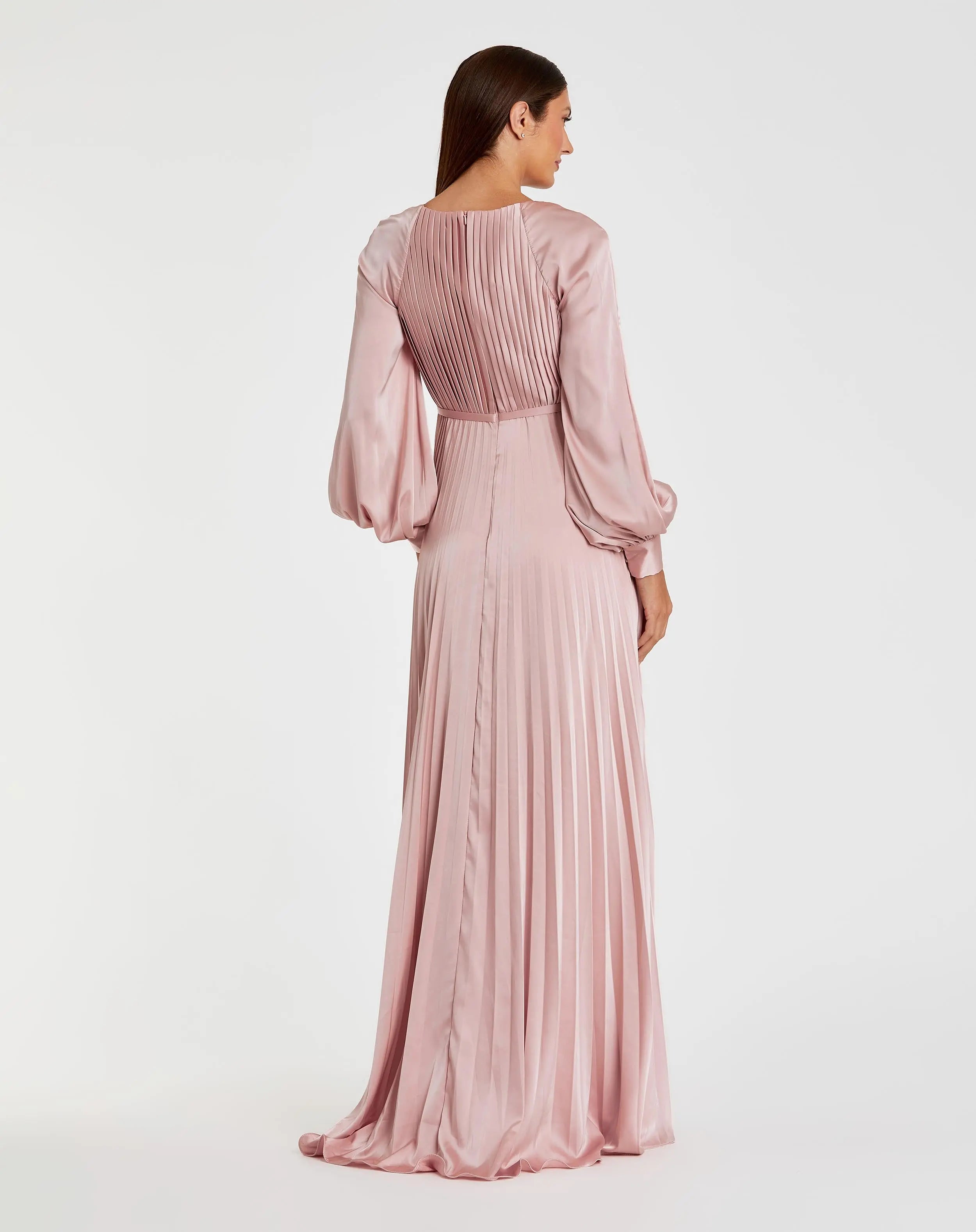 Pink Pleated High Neck Raglan Long Sleeve Side Slit Gown - Ieena for Mac Duggal