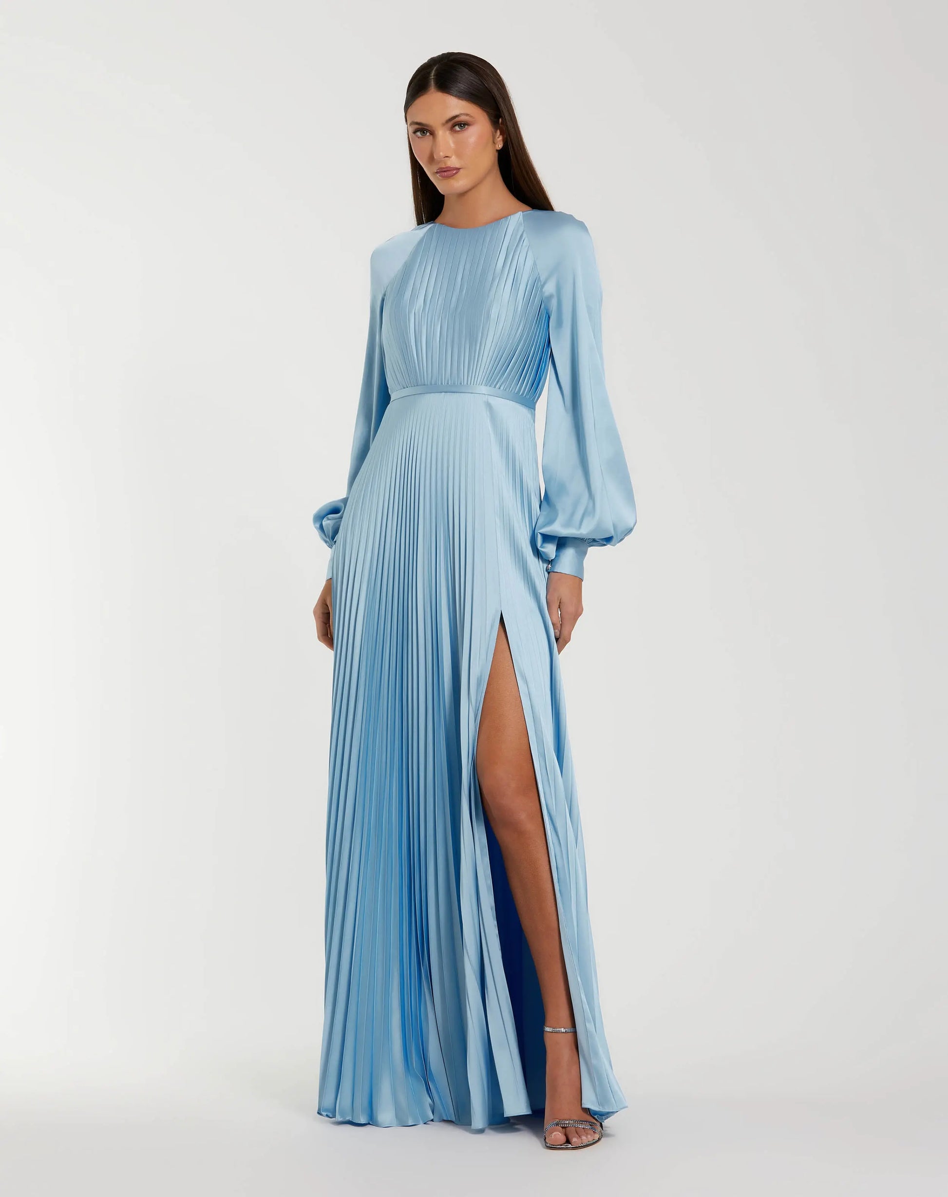 Blue Pleated High Neck Raglan Long Sleeve Side Slit Gown | Mac Duggal Blue Pleated High Neck Raglan Long Sleeve Side Slit Gown | Mac Duggal