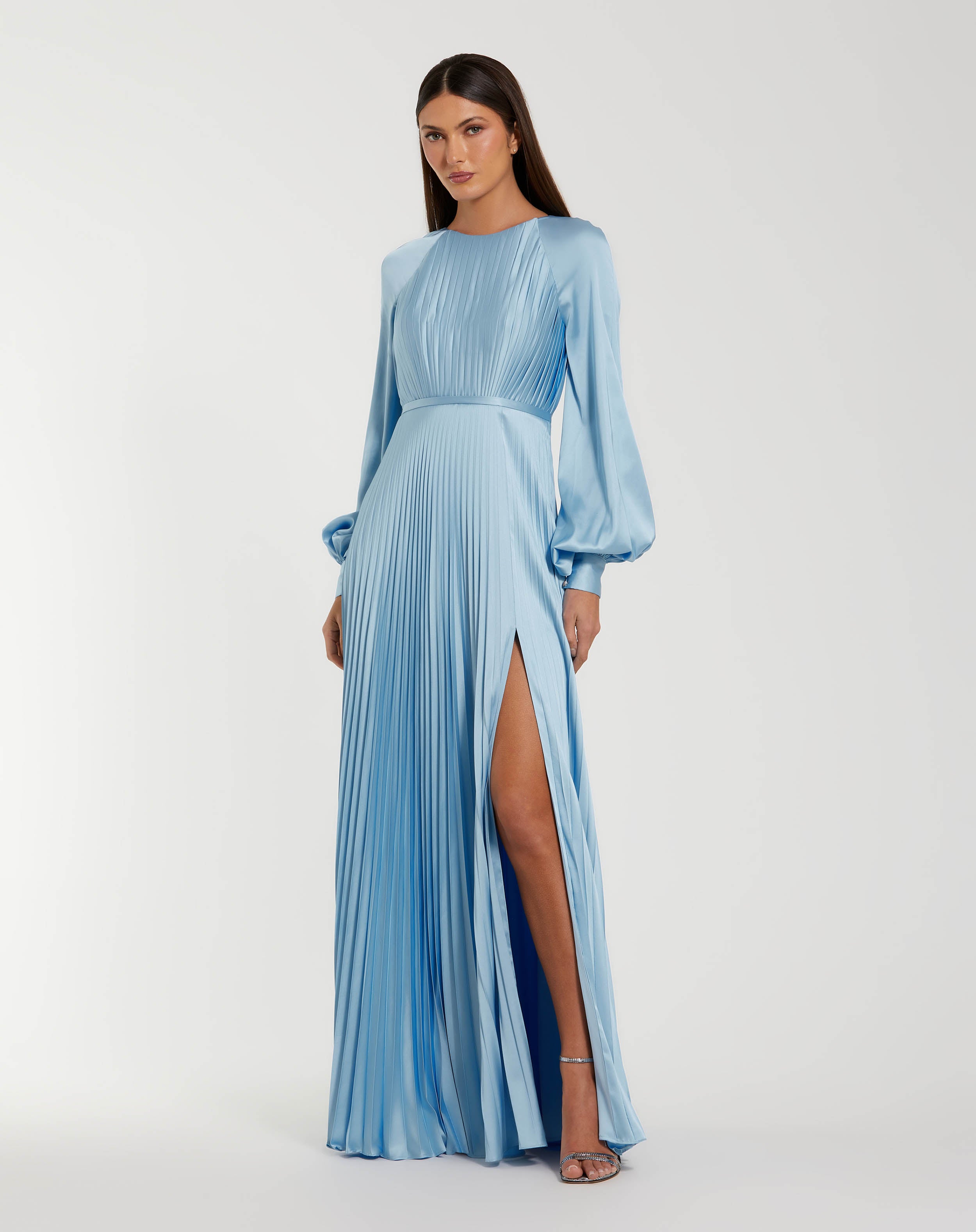 Blue Pleated High Neck Raglan Long Sleeve Side Slit Gown Ieena for Mac Duggal