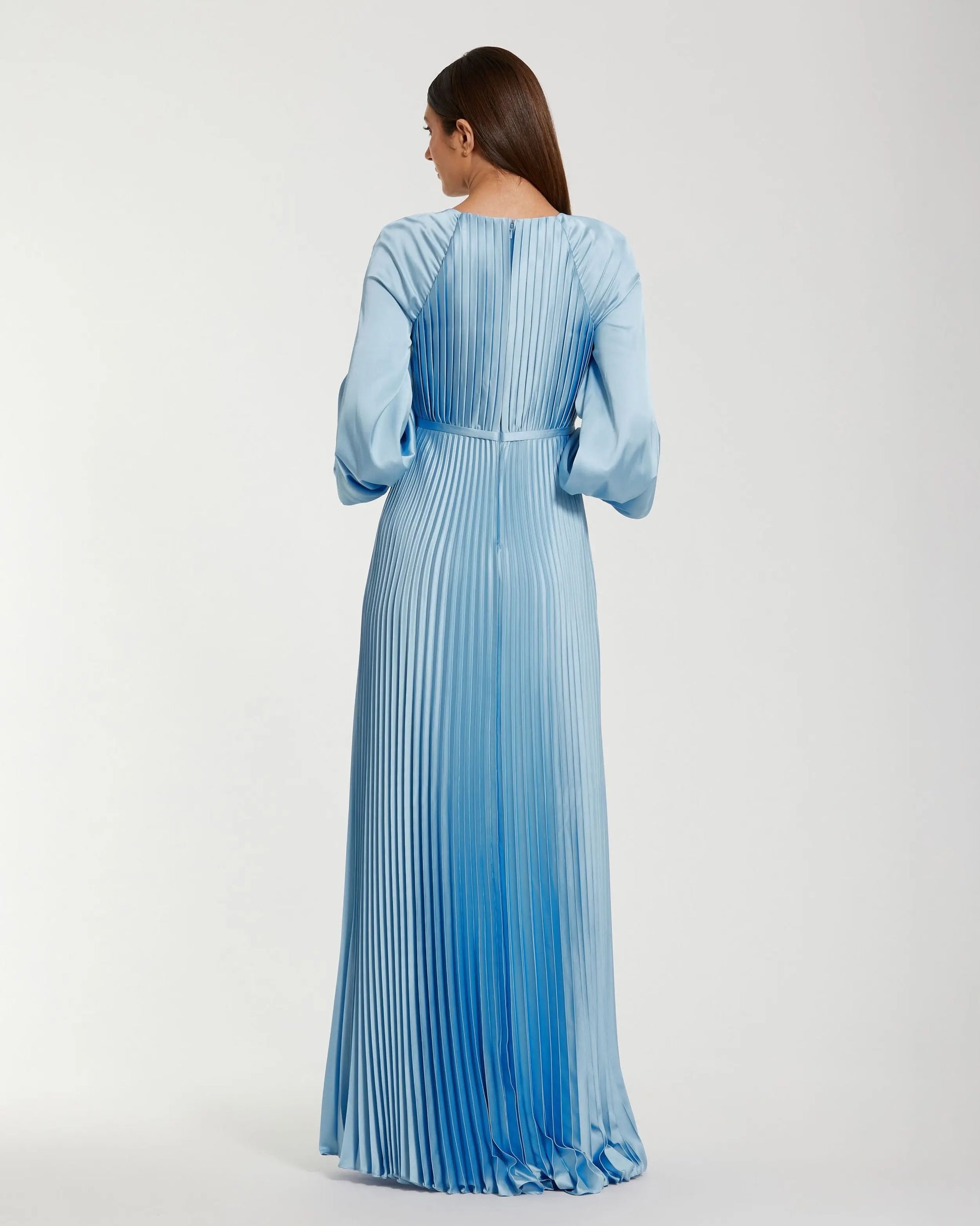 Blue Pleated High Neck Raglan Long Sleeve Side Slit Gown | Mac Duggal Blue Pleated High Neck Raglan Long Sleeve Side Slit Gown | Mac Duggal