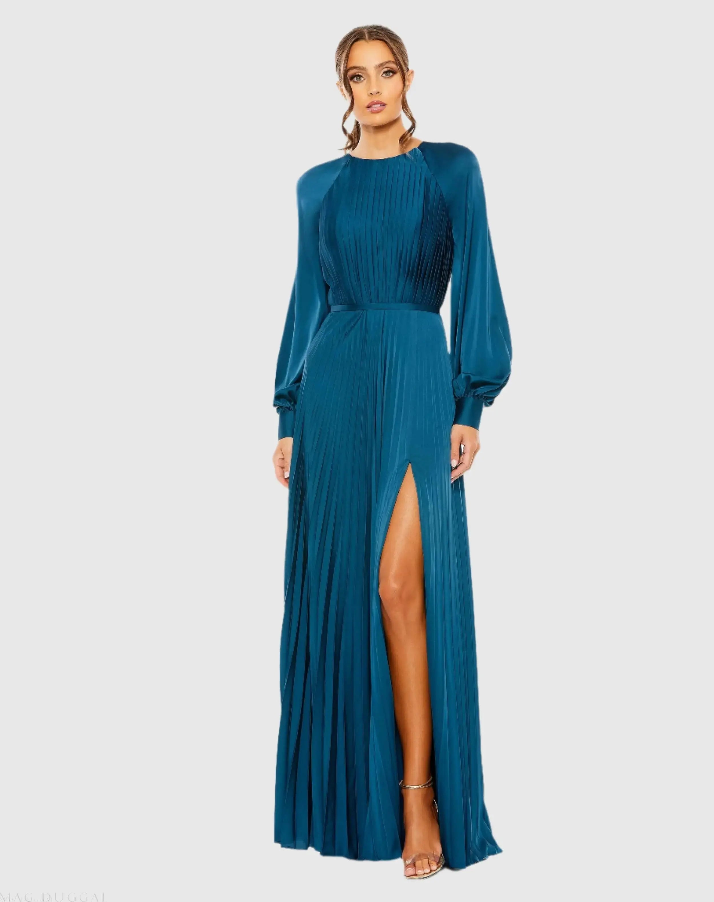 Blue Pleated High Neck Raglan Long Sleeve Side Slit Gown - Ieena for Mac Duggal