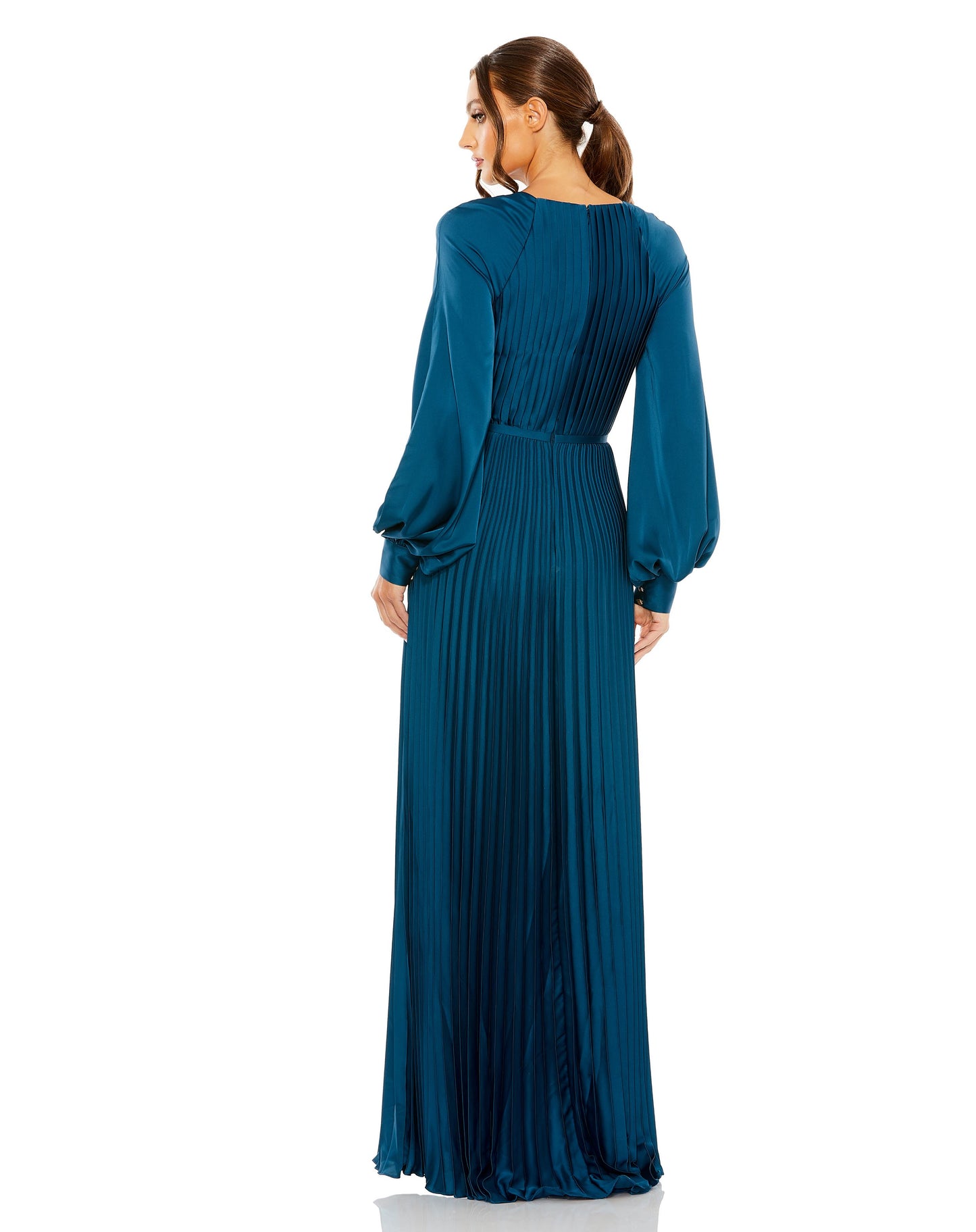 Pleated High Neck Raglan Long Sleeve Side Slit Gown