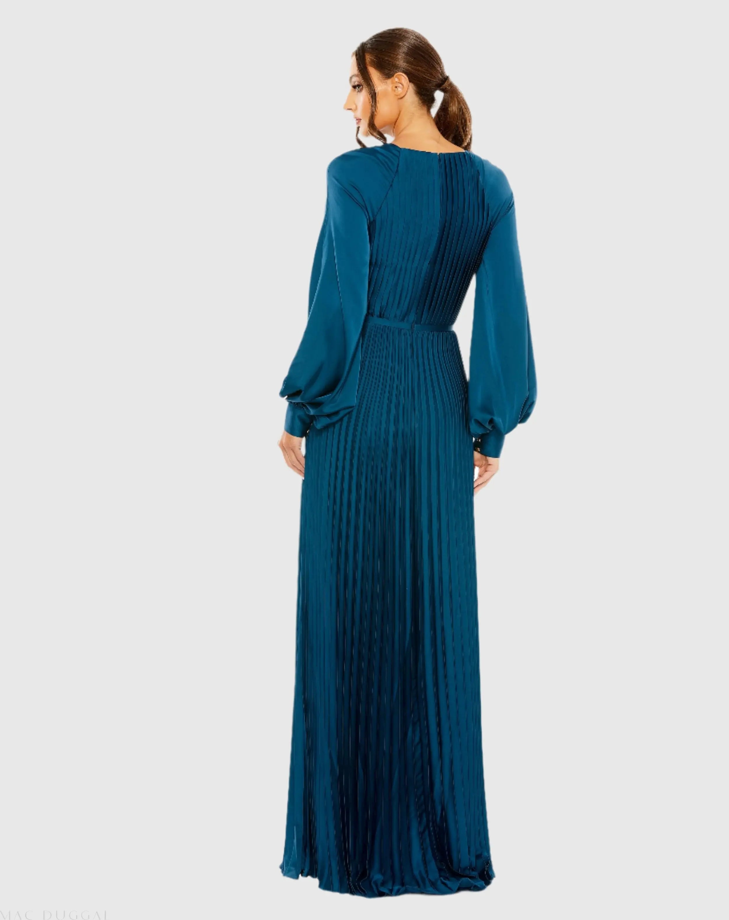 Blue Pleated High Neck Raglan Long Sleeve Side Slit Gown - Ieena for Mac Duggal