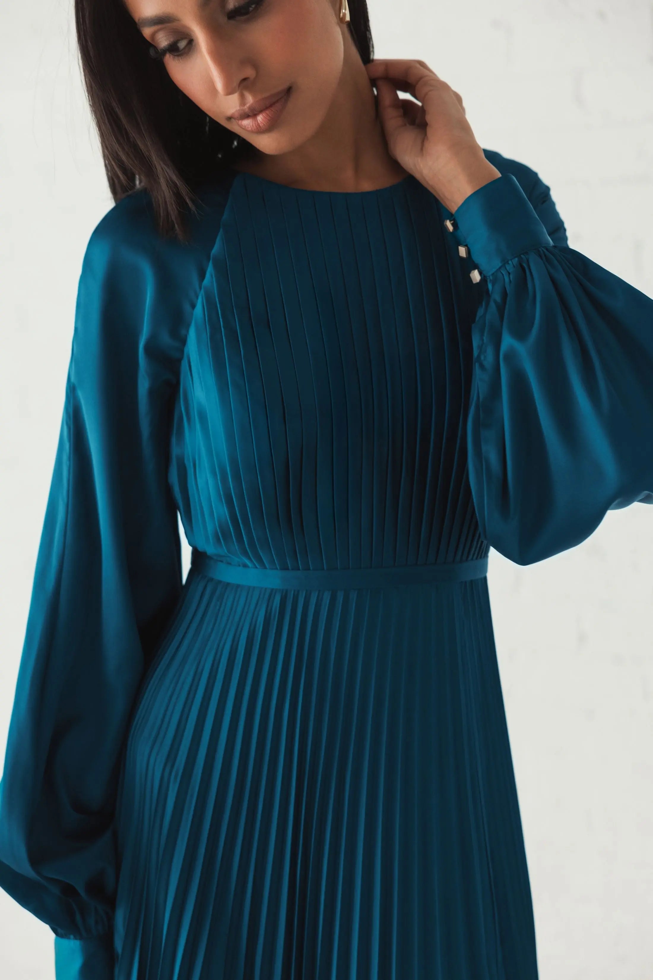 Blue Pleated High Neck Raglan Long Sleeve Side Slit Gown - Ieena for Mac Duggal