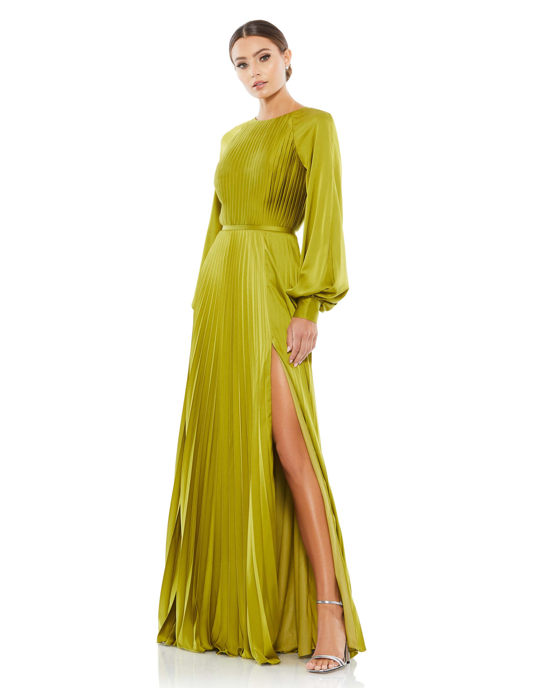 Pleated High Neck Raglan Long Sleeve Side Slit Gown