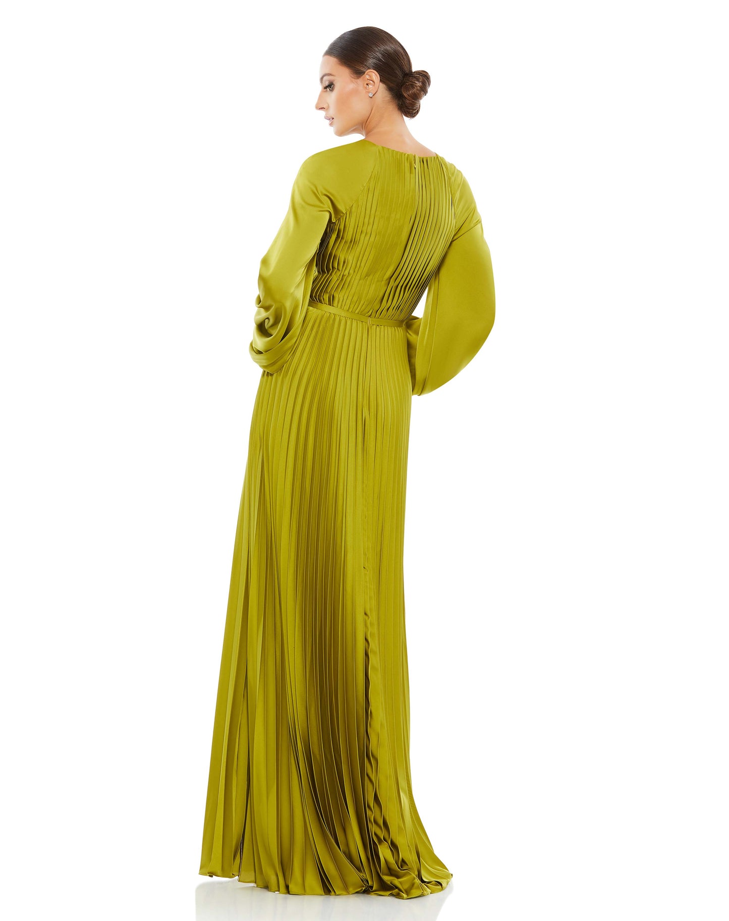 Pleated High Neck Raglan Long Sleeve Side Slit Gown