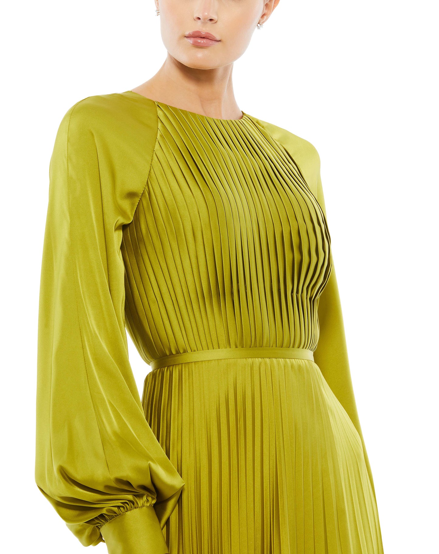 Pleated High Neck Raglan Long Sleeve Side Slit Gown