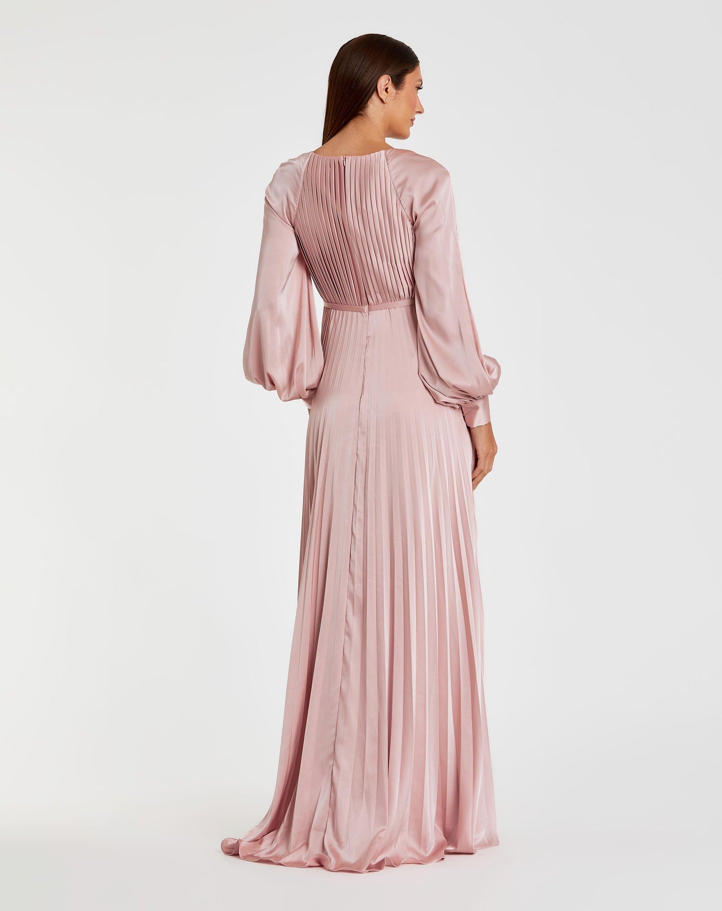 Pink Pleated High Neck Raglan Long Sleeve Side Slit Gown