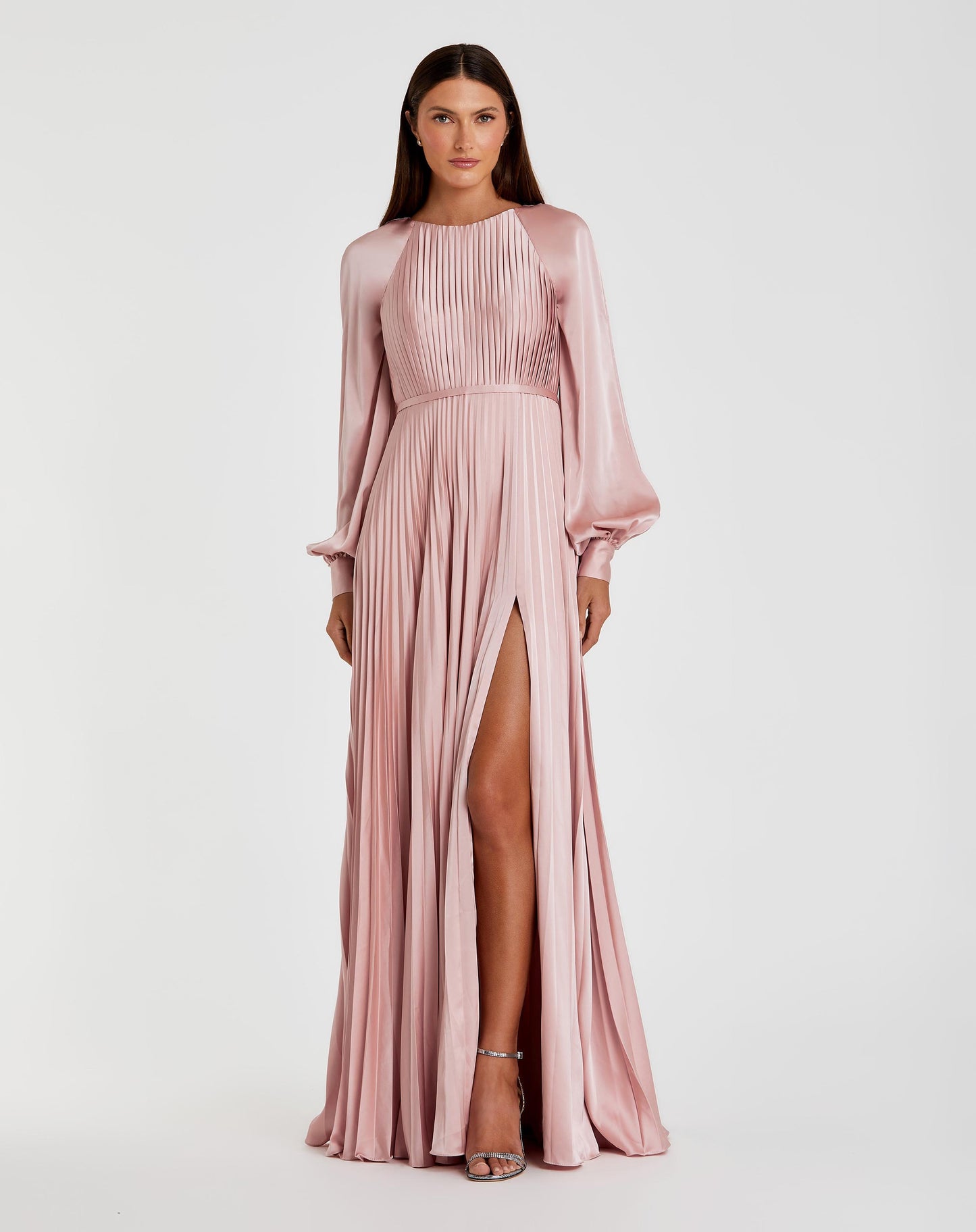 Pink Pleated High Neck Raglan Long Sleeve Side Slit Gown