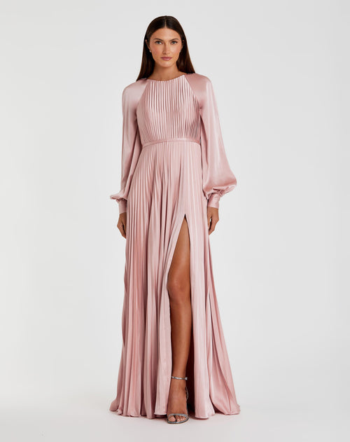 Pink Pleated High Neck Raglan Long Sleeve Side Slit Gown