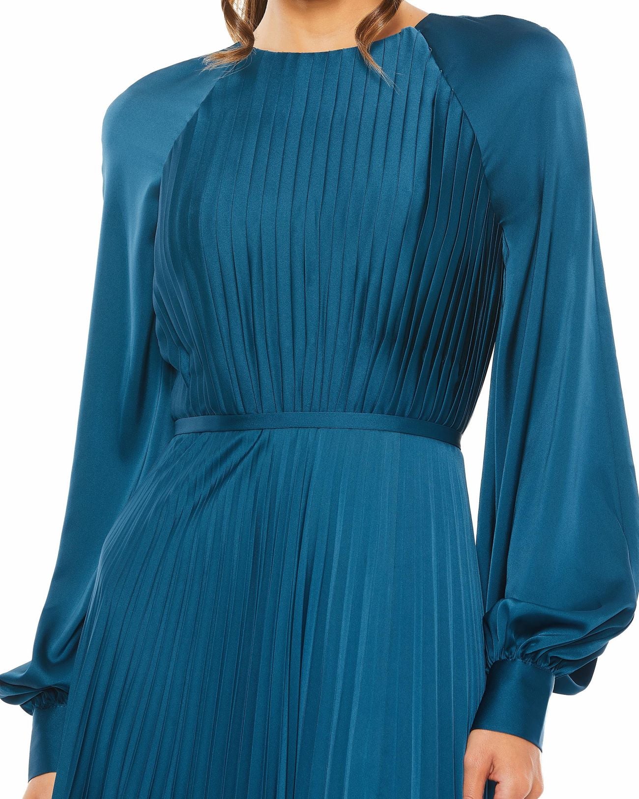 Pleated High Neck Raglan Long Sleeve Side Slit Gown