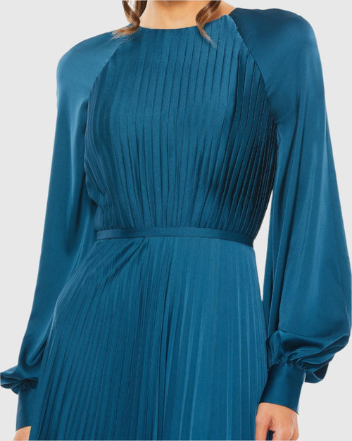 Pleated High Neck Raglan Long Sleeve Side Slit Gown