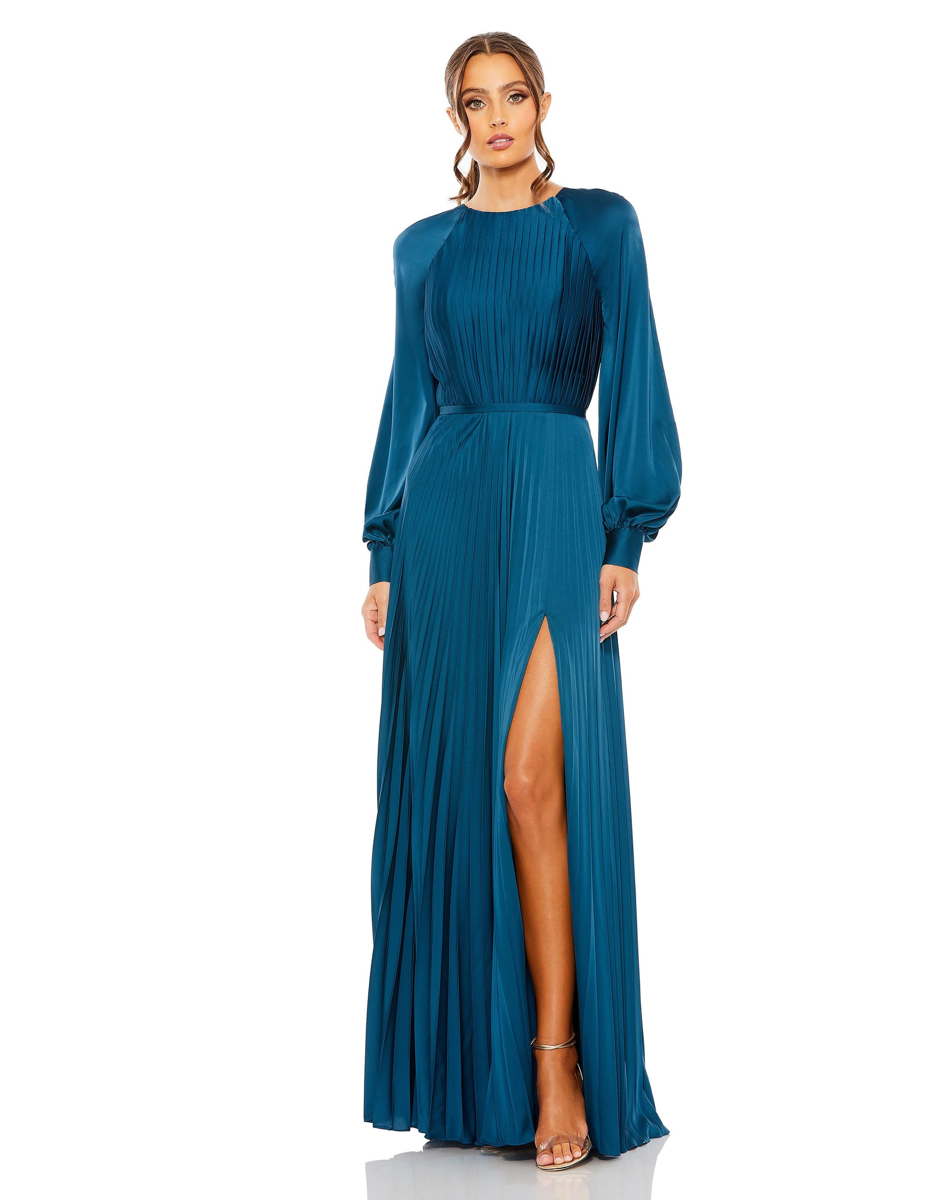 Pleated High Neck Raglan Long Sleeve Side Slit Gown