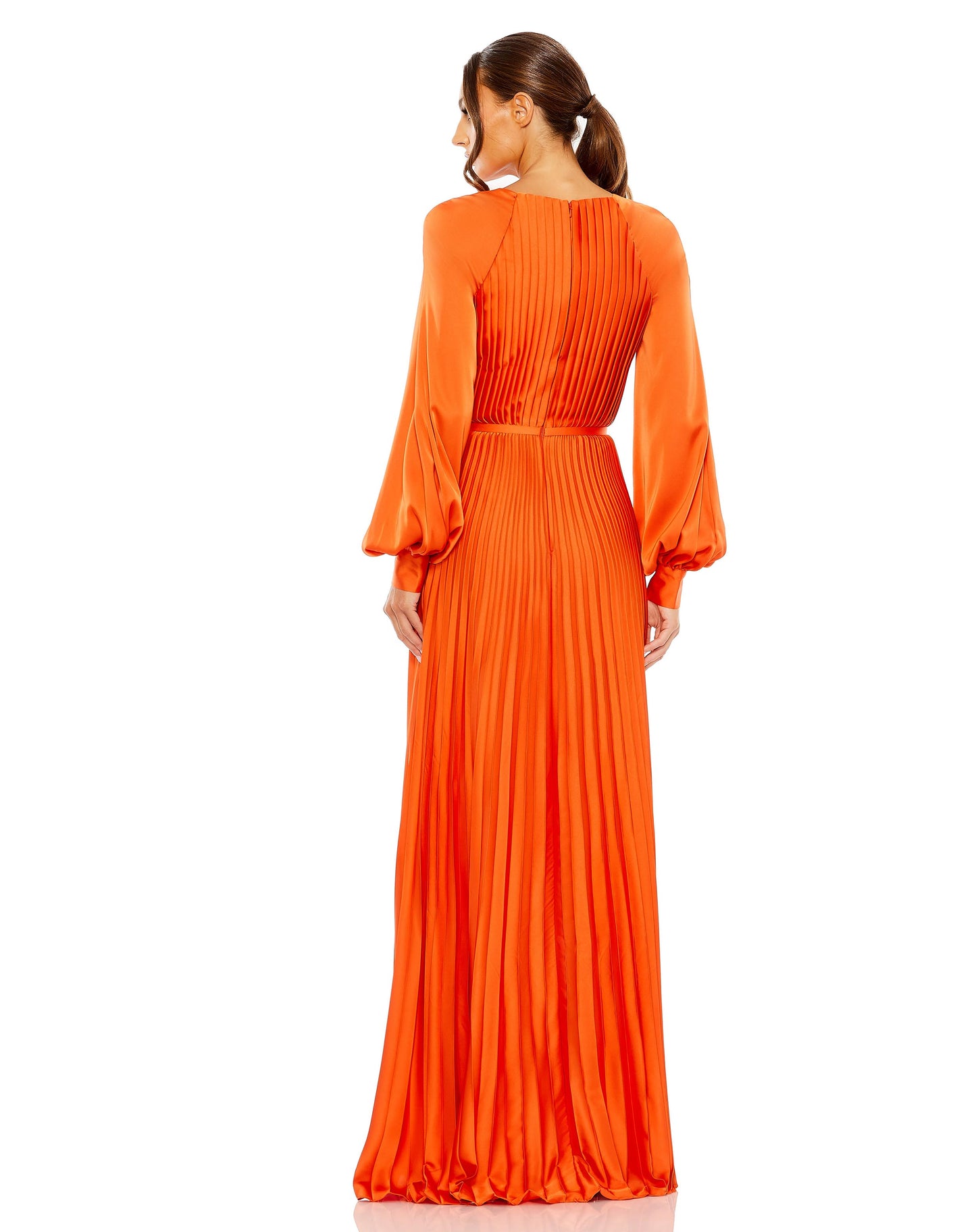 Pleated High Neck Raglan Long Sleeve Side Slit Gown