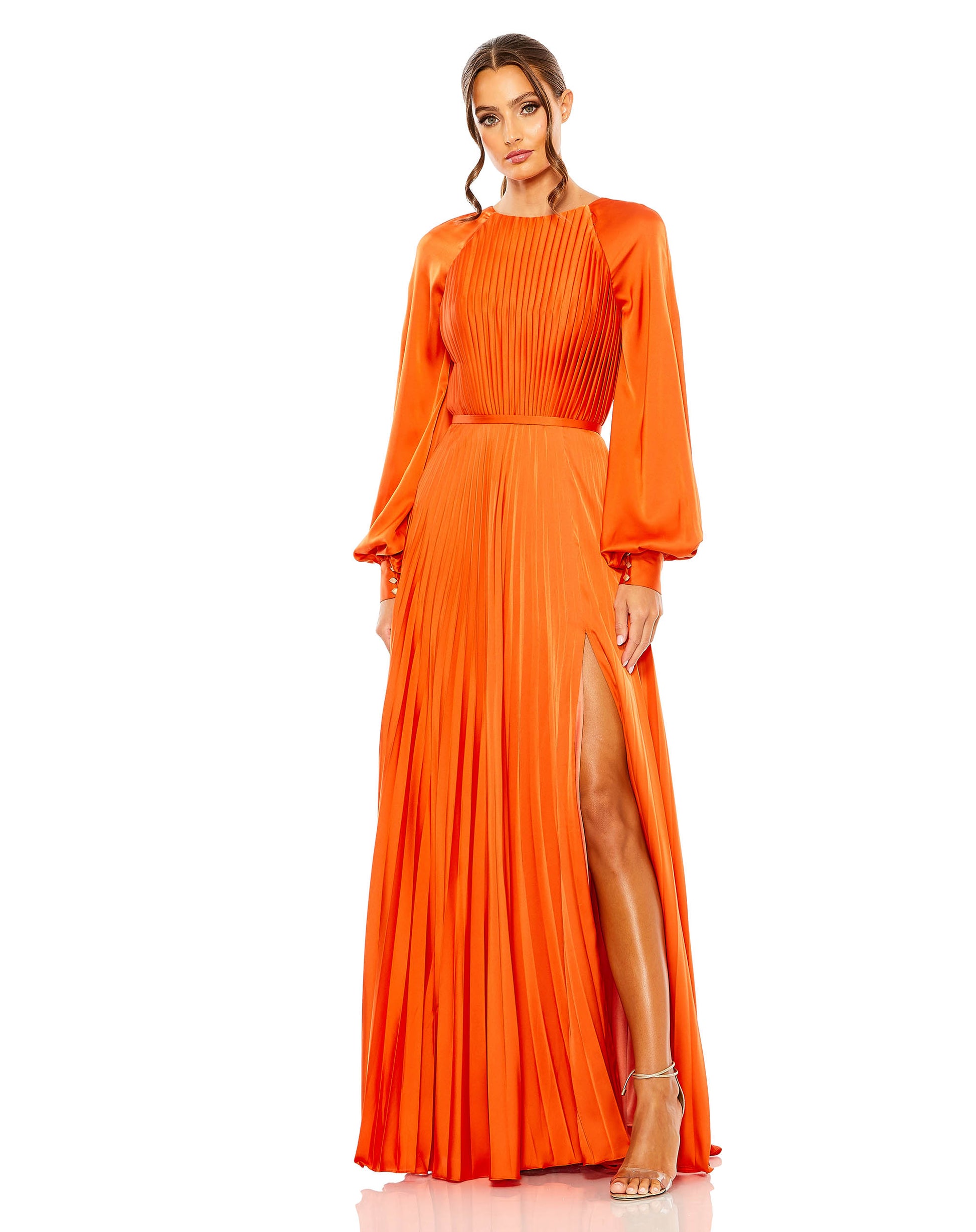 Pleated High Neck Raglan Long Sleeve Side Slit Gown