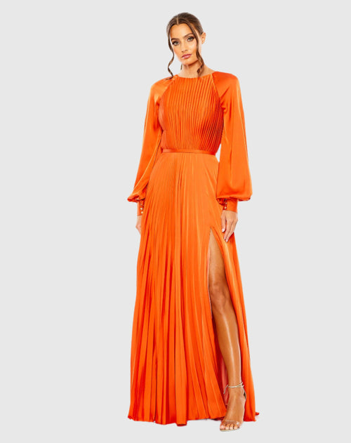 Pleated High Neck Raglan Long Sleeve Side Slit Gown