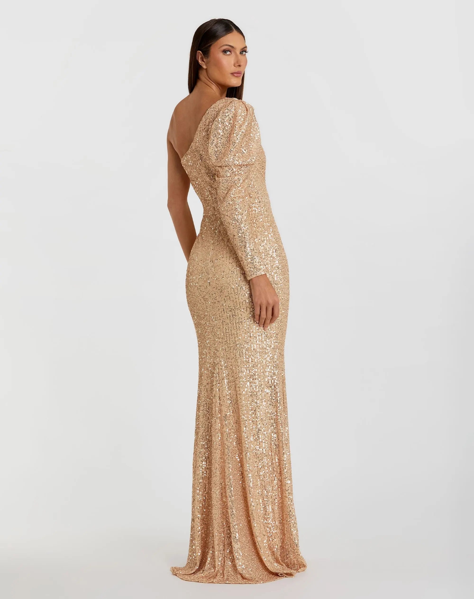 Gold Sequined One Shoulder Trumpet Gown - Ieena for Mac Duggal