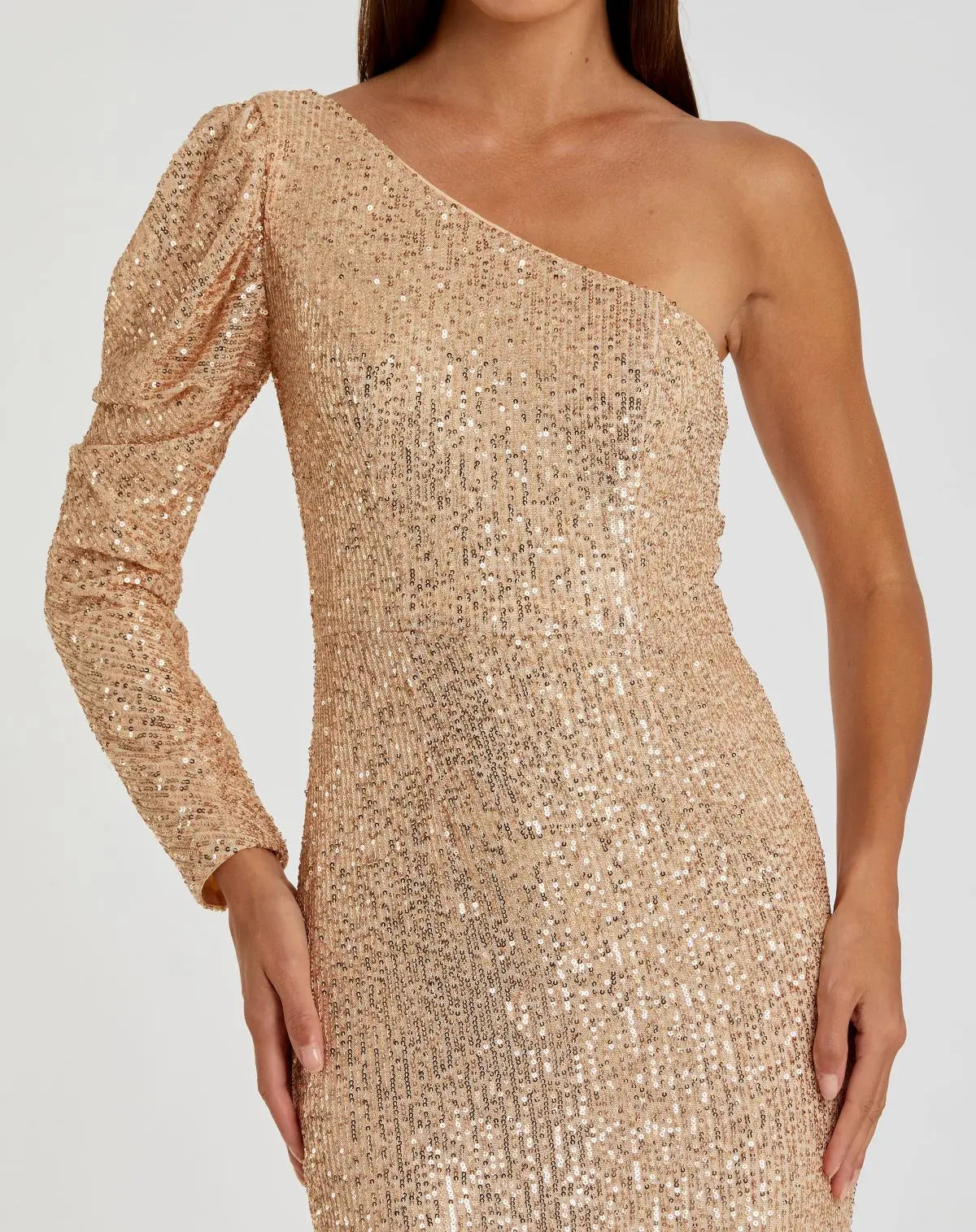Gold Sequined One Shoulder Trumpet Gown - Ieena for Mac Duggal