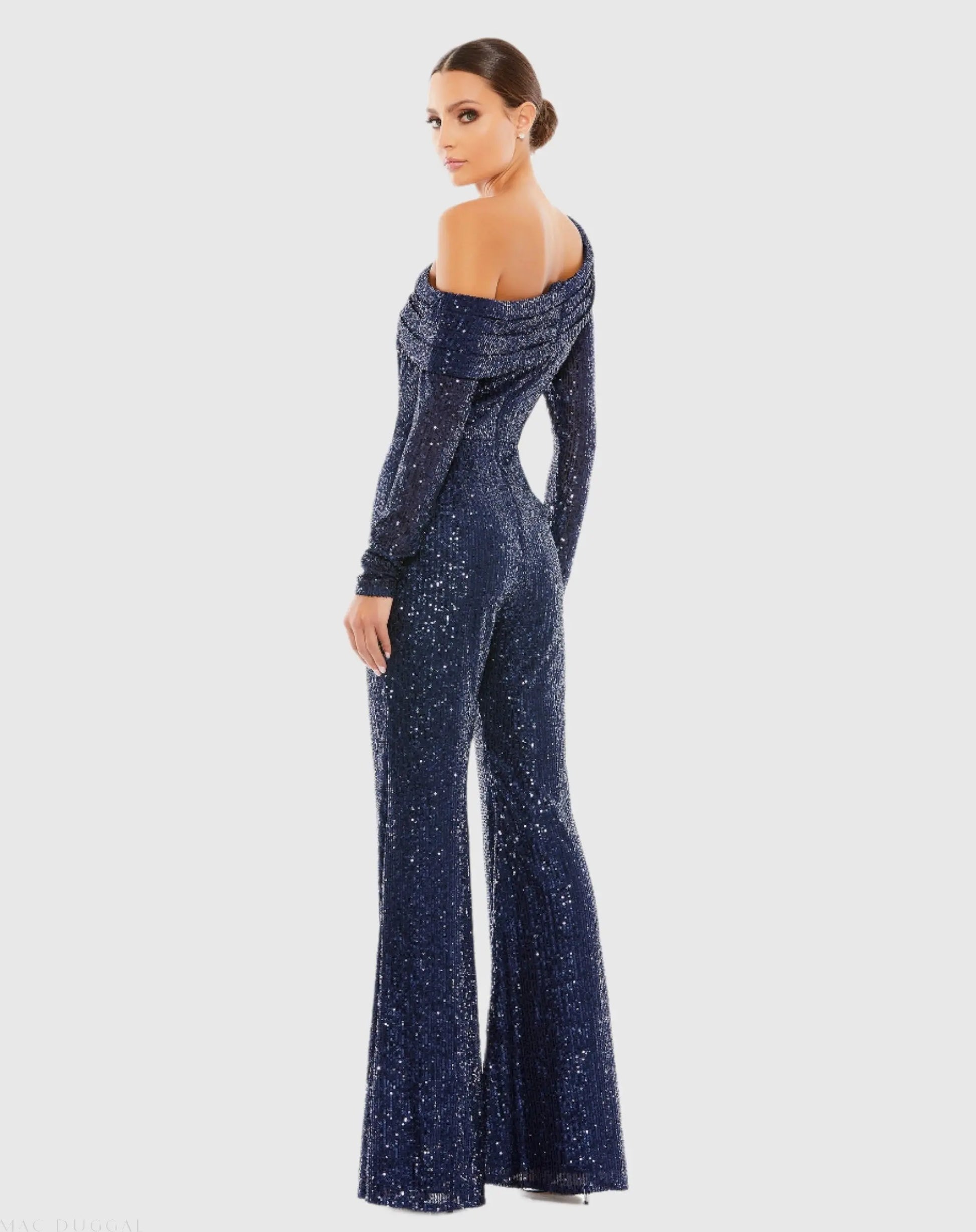 Blue Sequined Drop Shoulder Long Sleeve Jumpsuit - Ieena for Mac Duggal