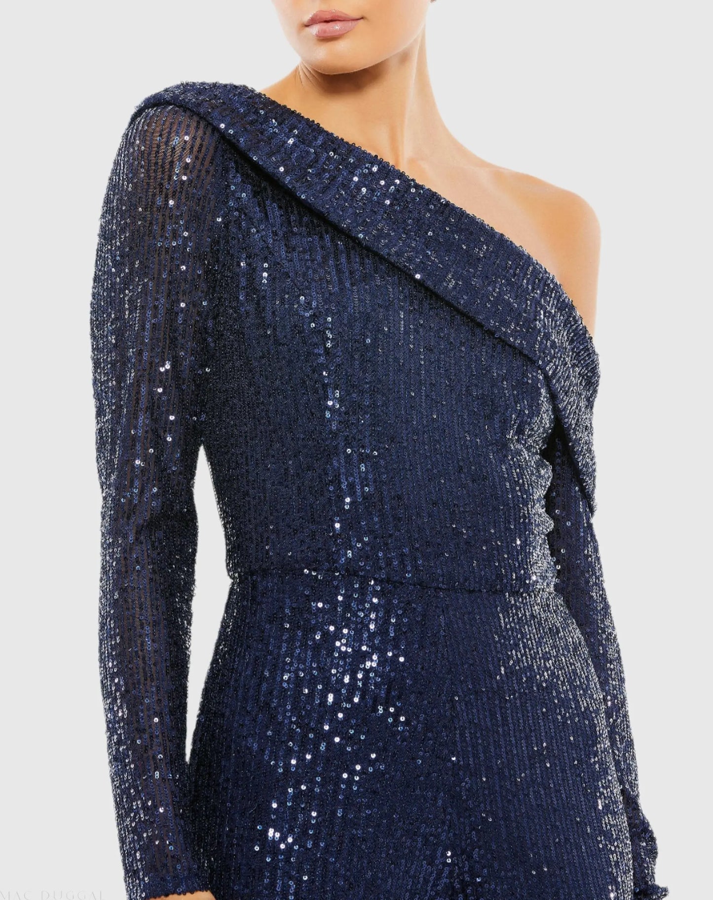 Blue Sequined Drop Shoulder Long Sleeve Jumpsuit - Ieena for Mac Duggal