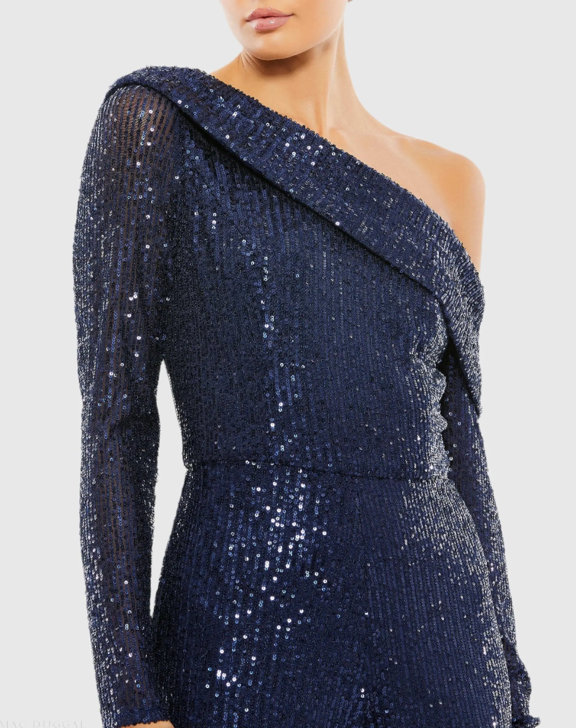 Blue Sequined Drop Shoulder Long Sleeve Jumpsuit - Ieena for Mac Duggal