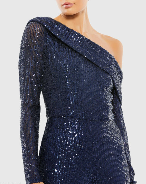 Blue Sequined Drop Shoulder Long Sleeve Jumpsuit - Ieena for Mac Duggal