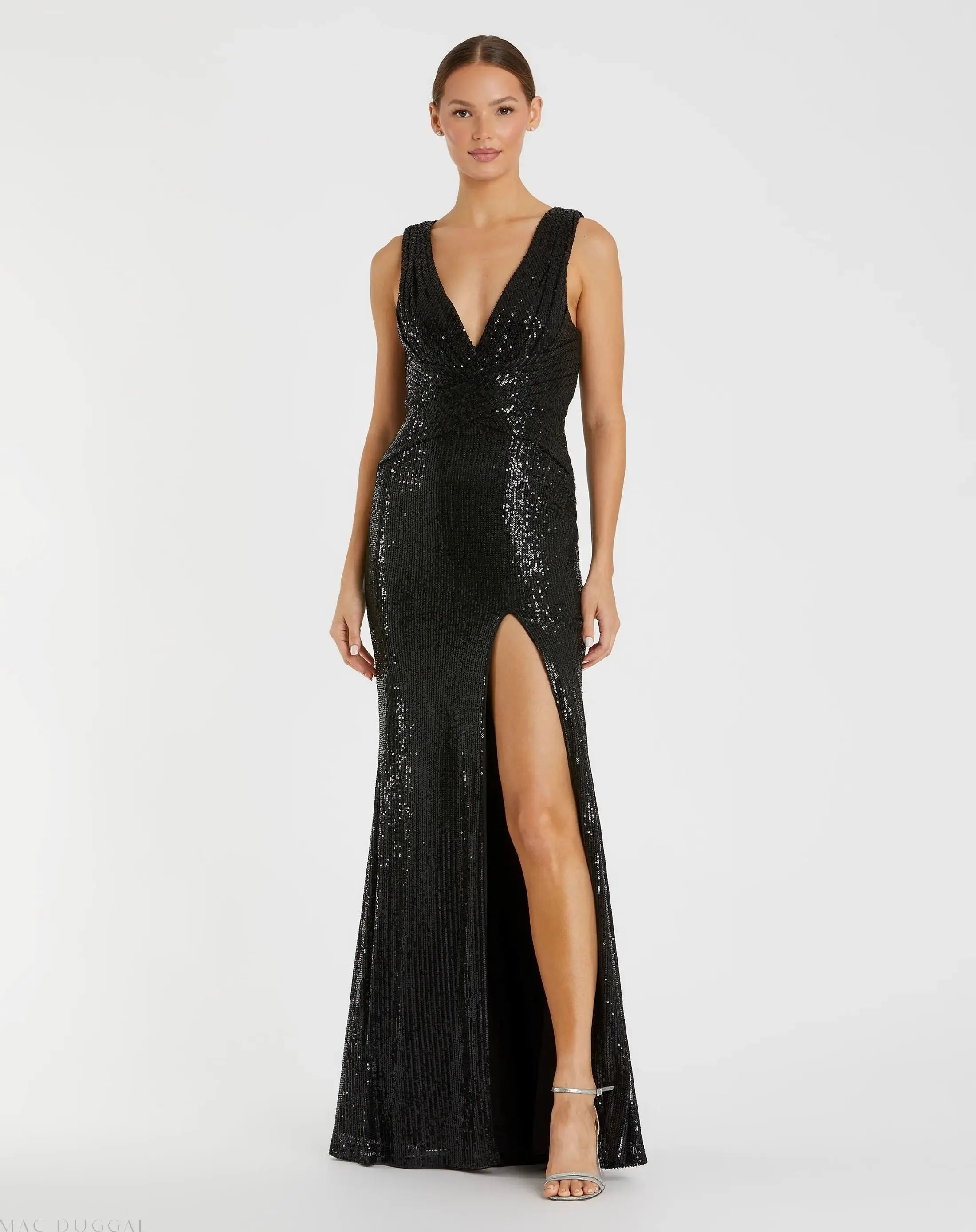 Black V-Neck Sequin Wrap Waist Gown - Ieena for Mac Duggal