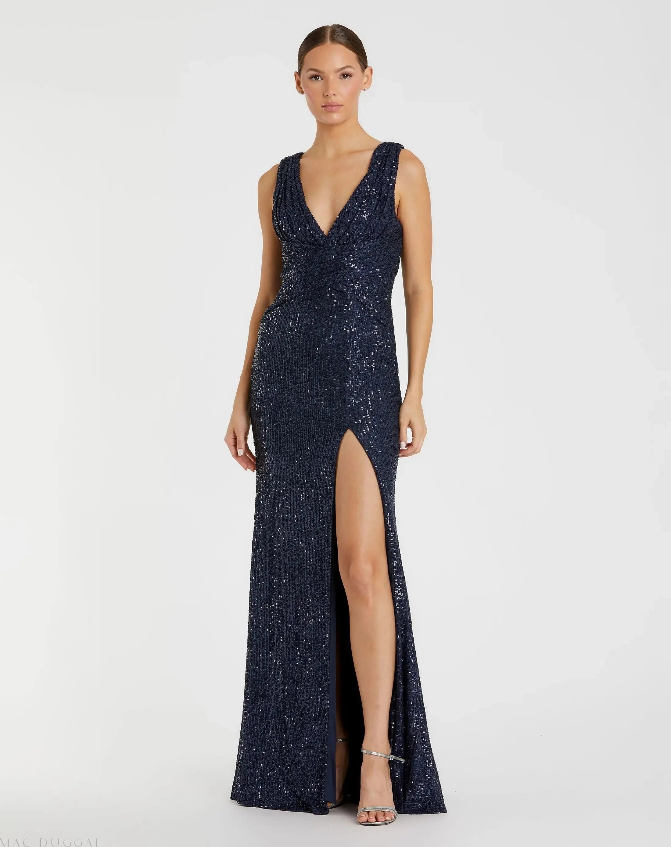 Navy V-Neck Sequin Wrap Waist Gown - Ieena for Mac Duggal