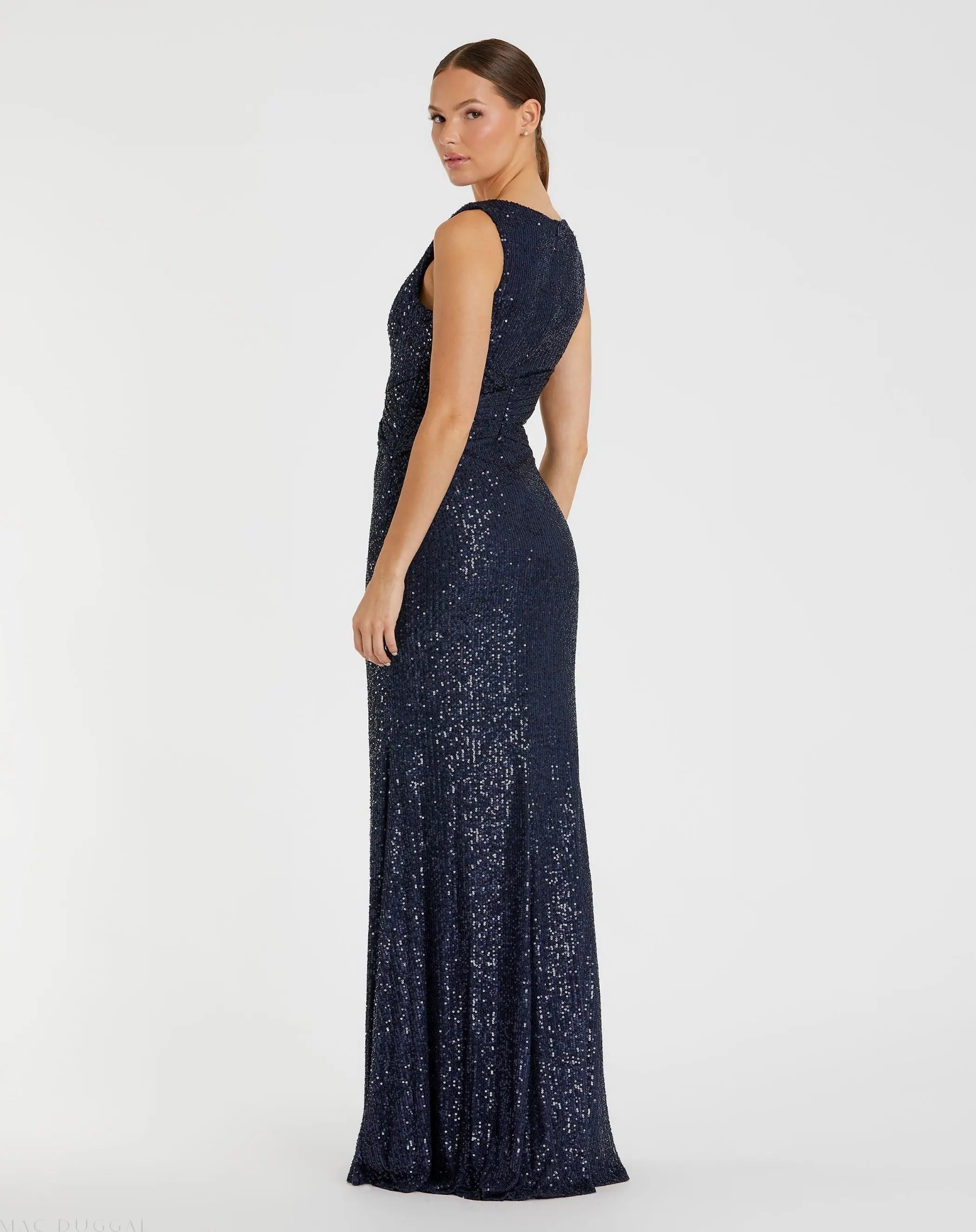 Navy V-Neck Sequin Wrap Waist Gown - Ieena for Mac Duggal