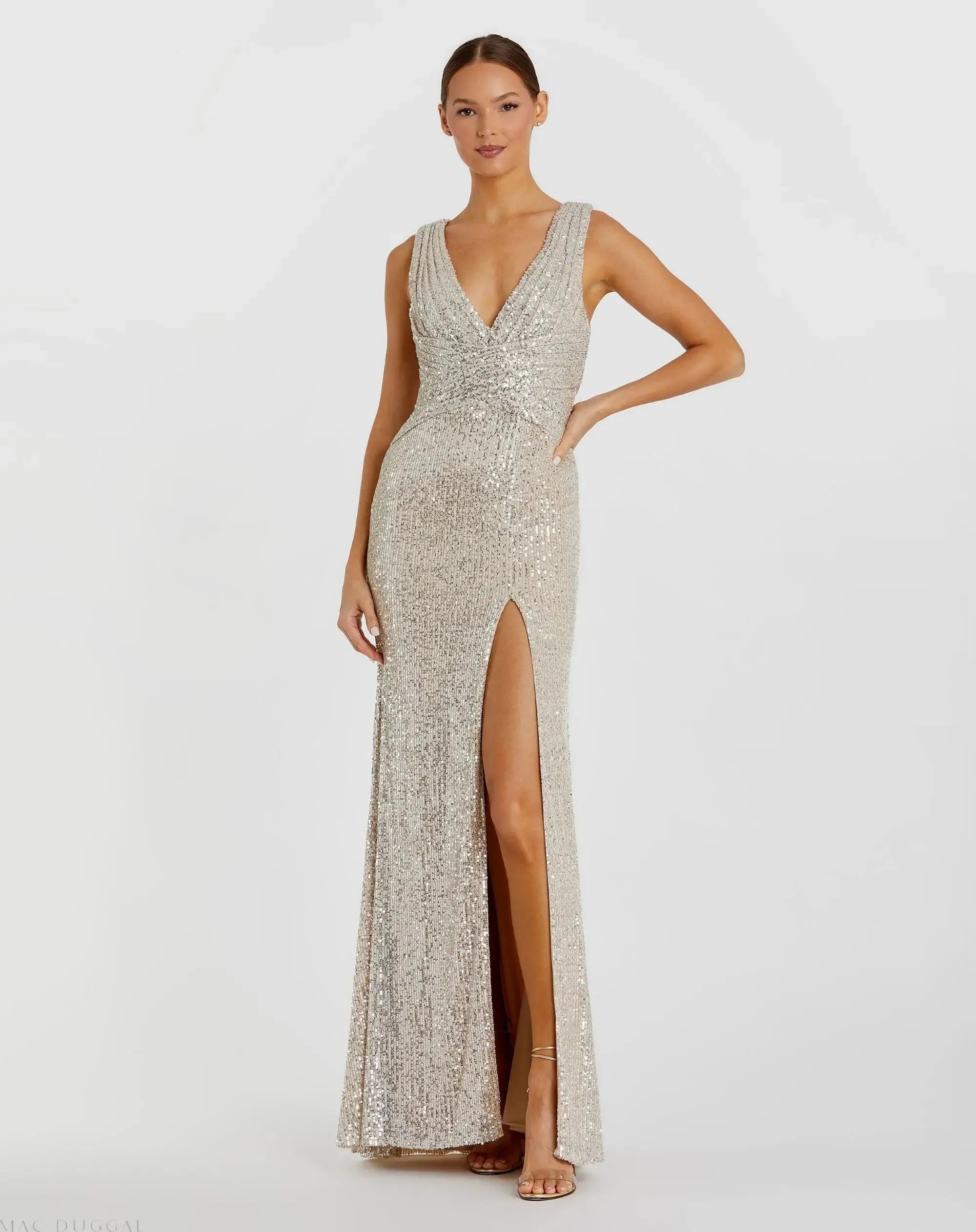 Silver V-Neck Sequin Wrap Waist Gown - Ieena for Mac Duggal