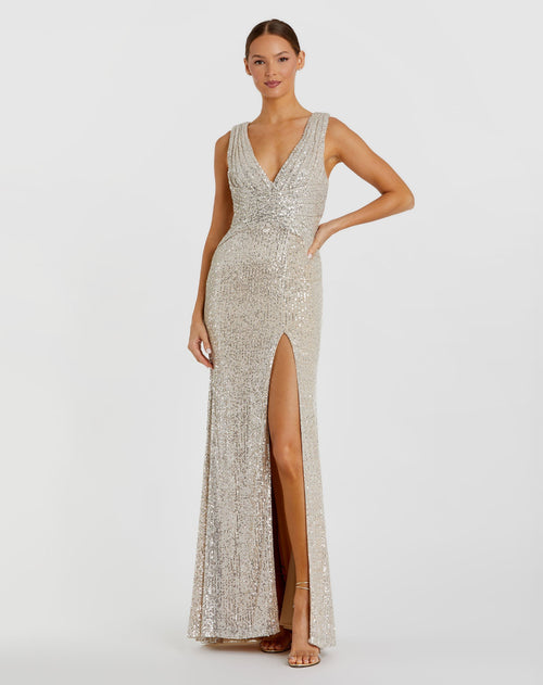 V-Neck Sequin Wrap Waist Gown