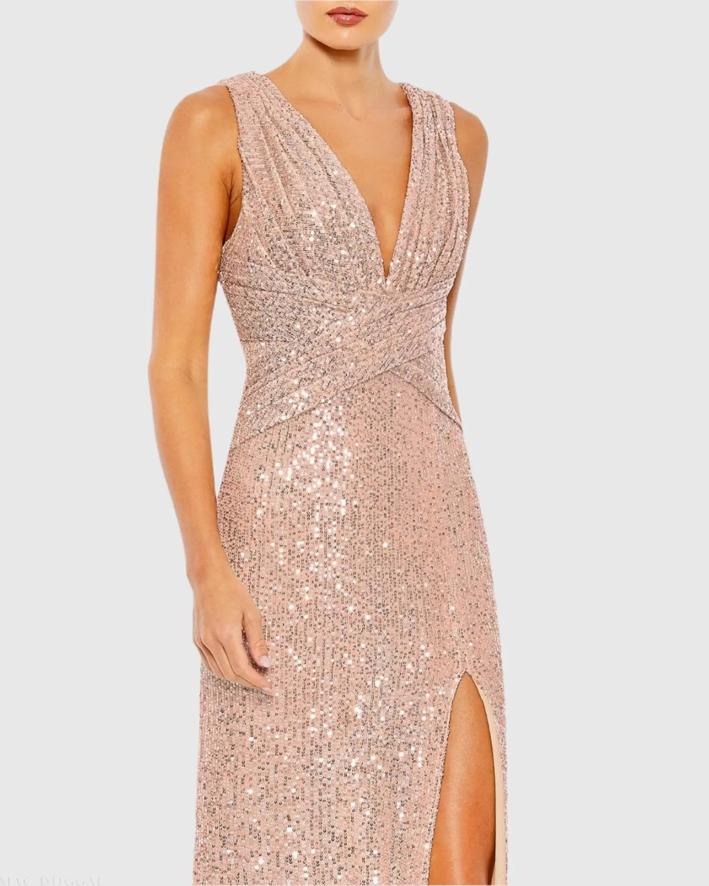 Pink V-Neck Sequin Wrap Waist Gown - Ieena for Mac Duggal