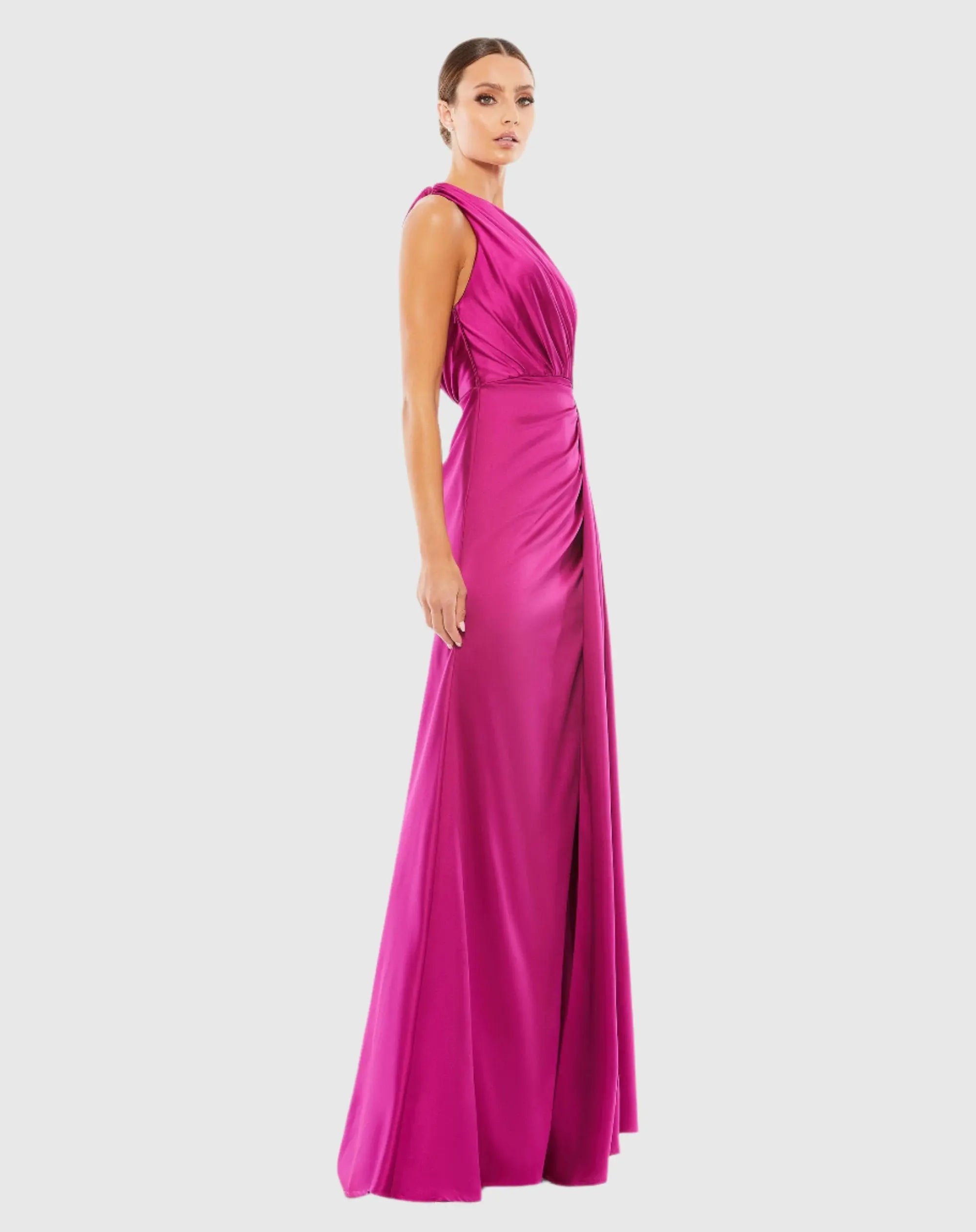 Purple Gathered One Shoulder Satin Faux Wrap Gown - Ieena for Mac Duggal