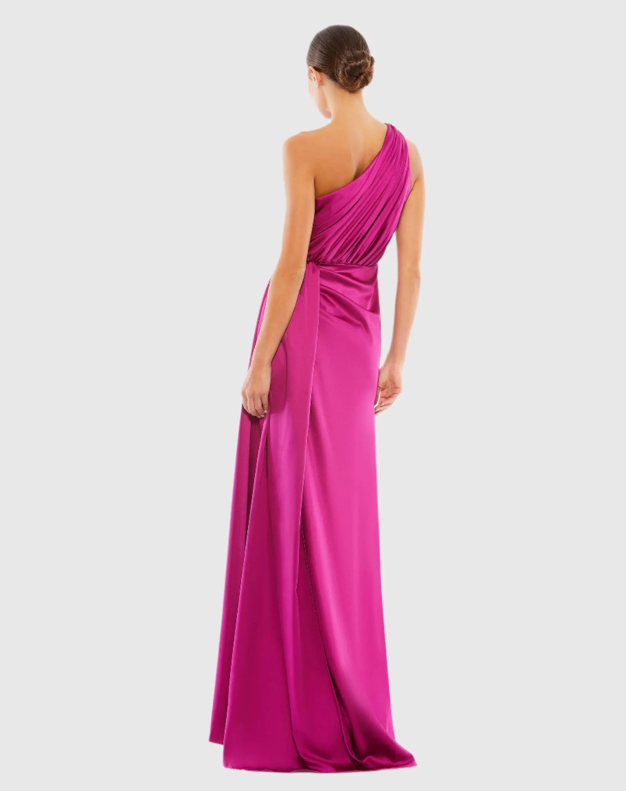 Purple Gathered One Shoulder Satin Faux Wrap Gown - Ieena for Mac Duggal