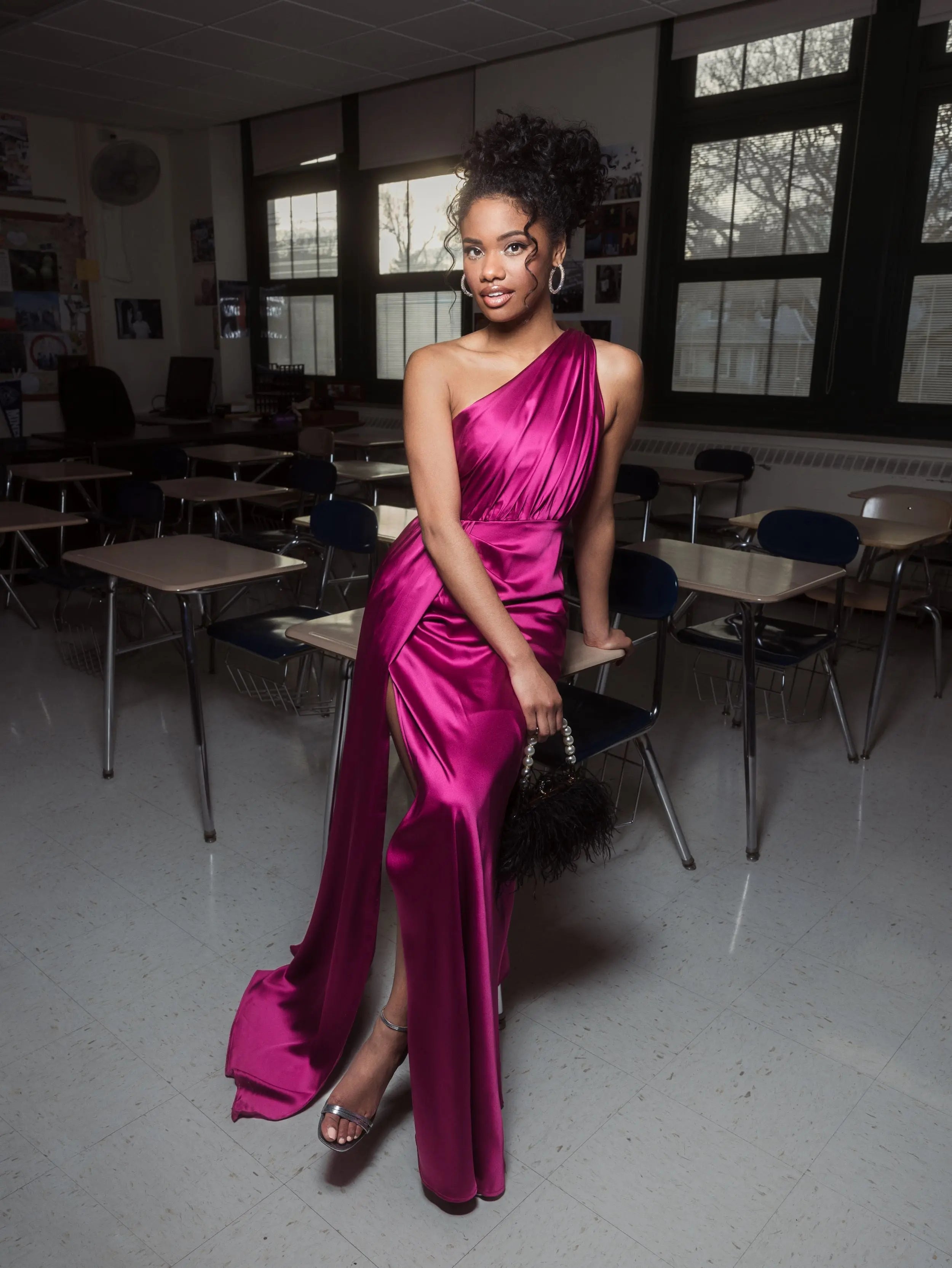 Purple Gathered One Shoulder Satin Faux Wrap Gown - Ieena for Mac Duggal