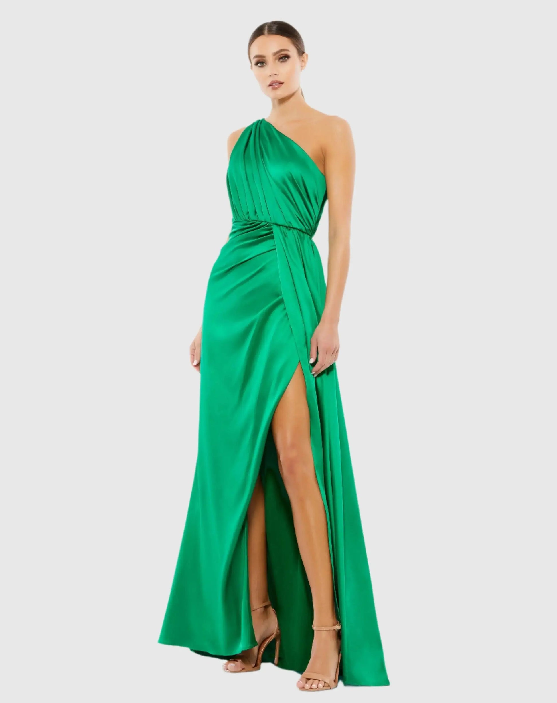 Green Gathered One Shoulder Satin Faux Wrap Gown | Mac Duggal Green Gathered One Shoulder Satin Faux Wrap Gown | Mac Duggal