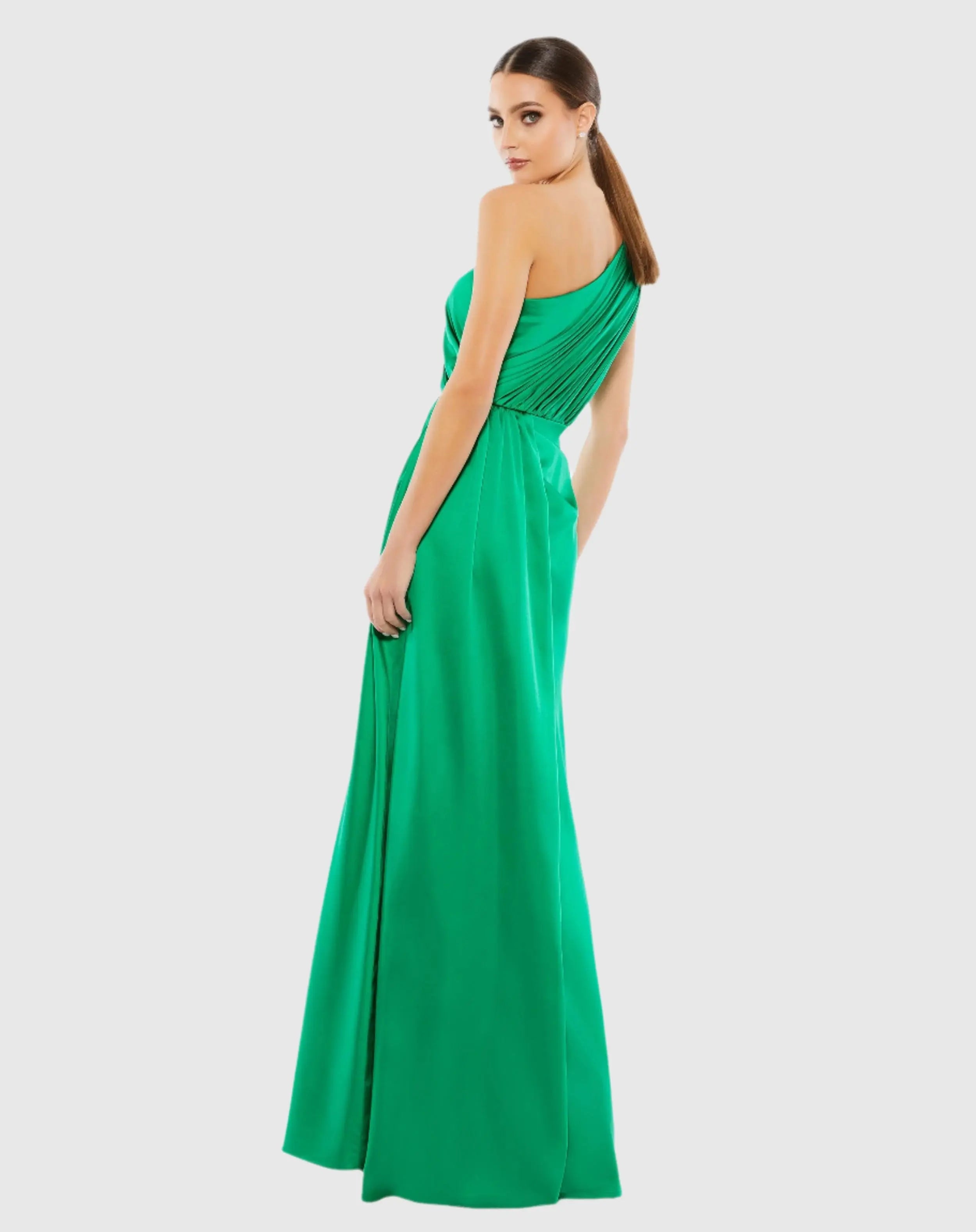 Green Gathered One Shoulder Satin Faux Wrap Gown - Ieena for Mac Duggal