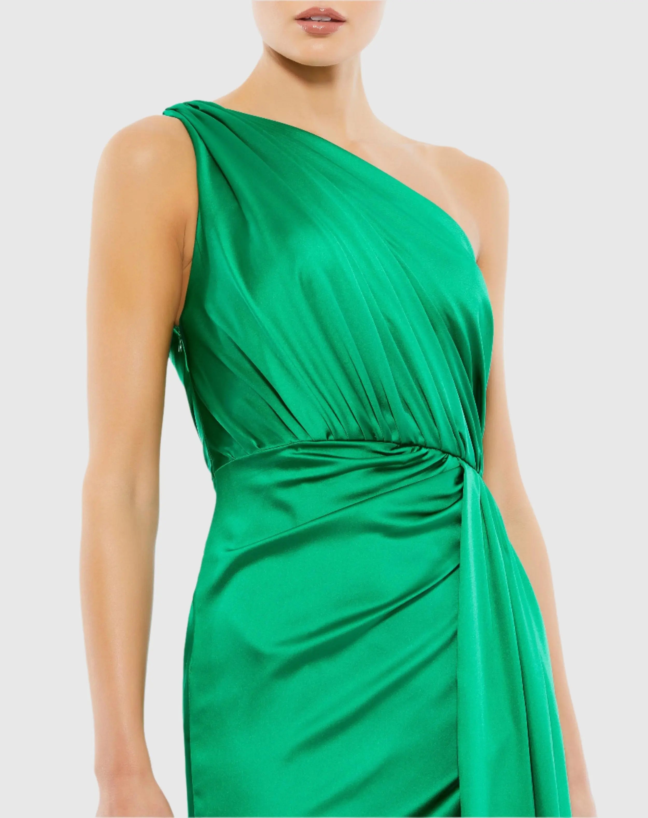 Green Gathered One Shoulder Satin Faux Wrap Gown - Ieena for Mac Duggal