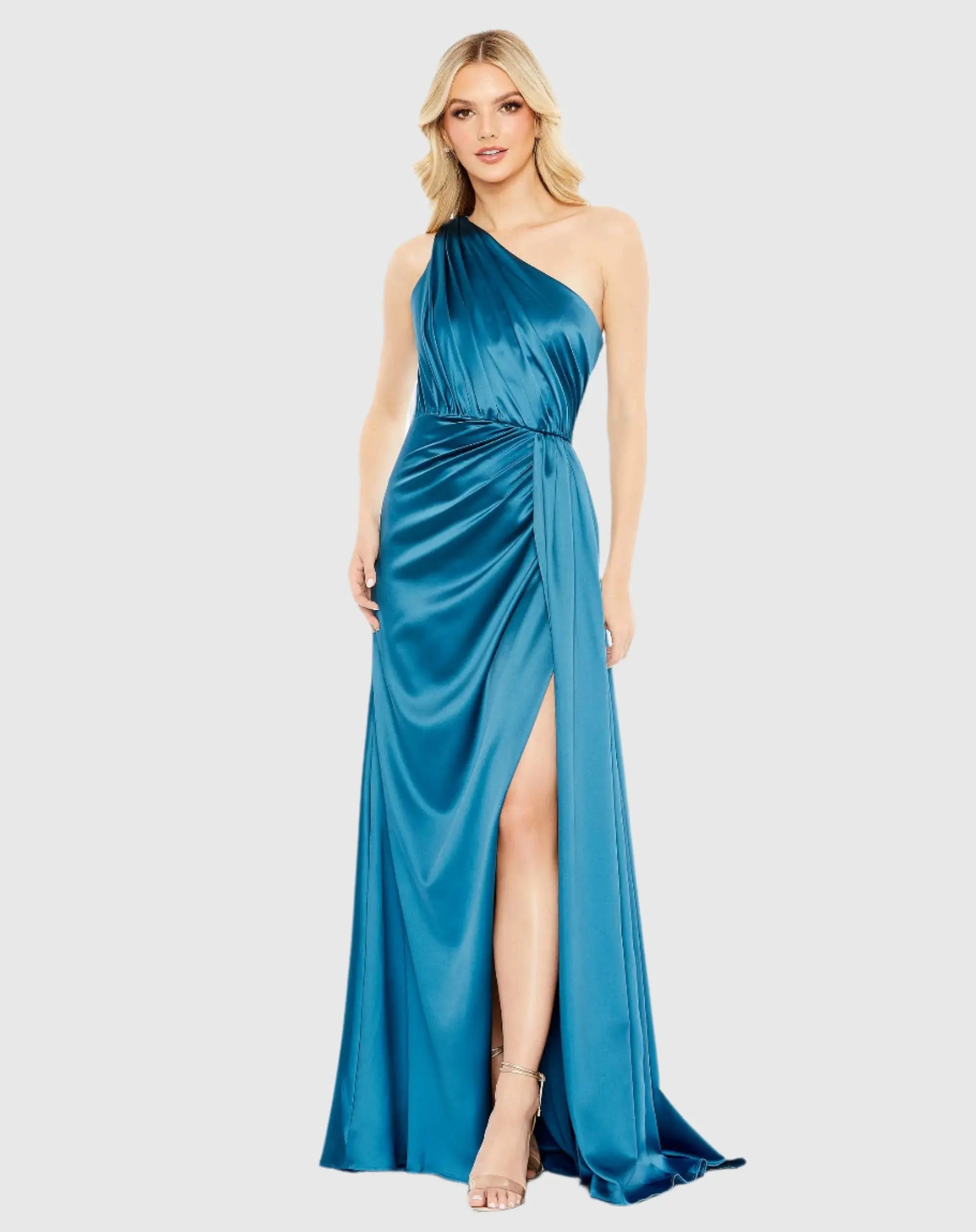 Blue Gathered One Shoulder Satin Faux Wrap Gown - Ieena for Mac Duggal