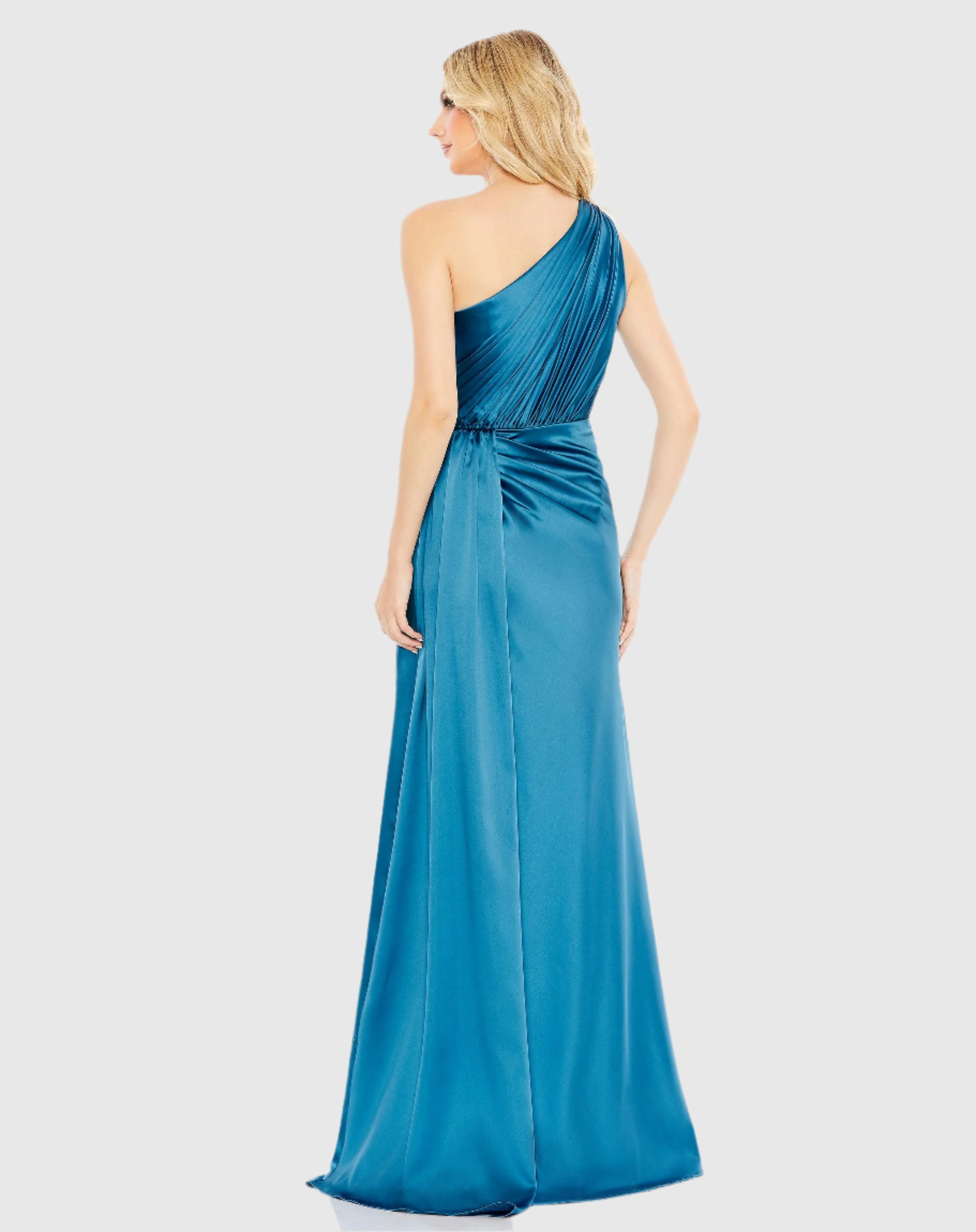 Blue Gathered One Shoulder Satin Faux Wrap Gown - Ieena for Mac Duggal