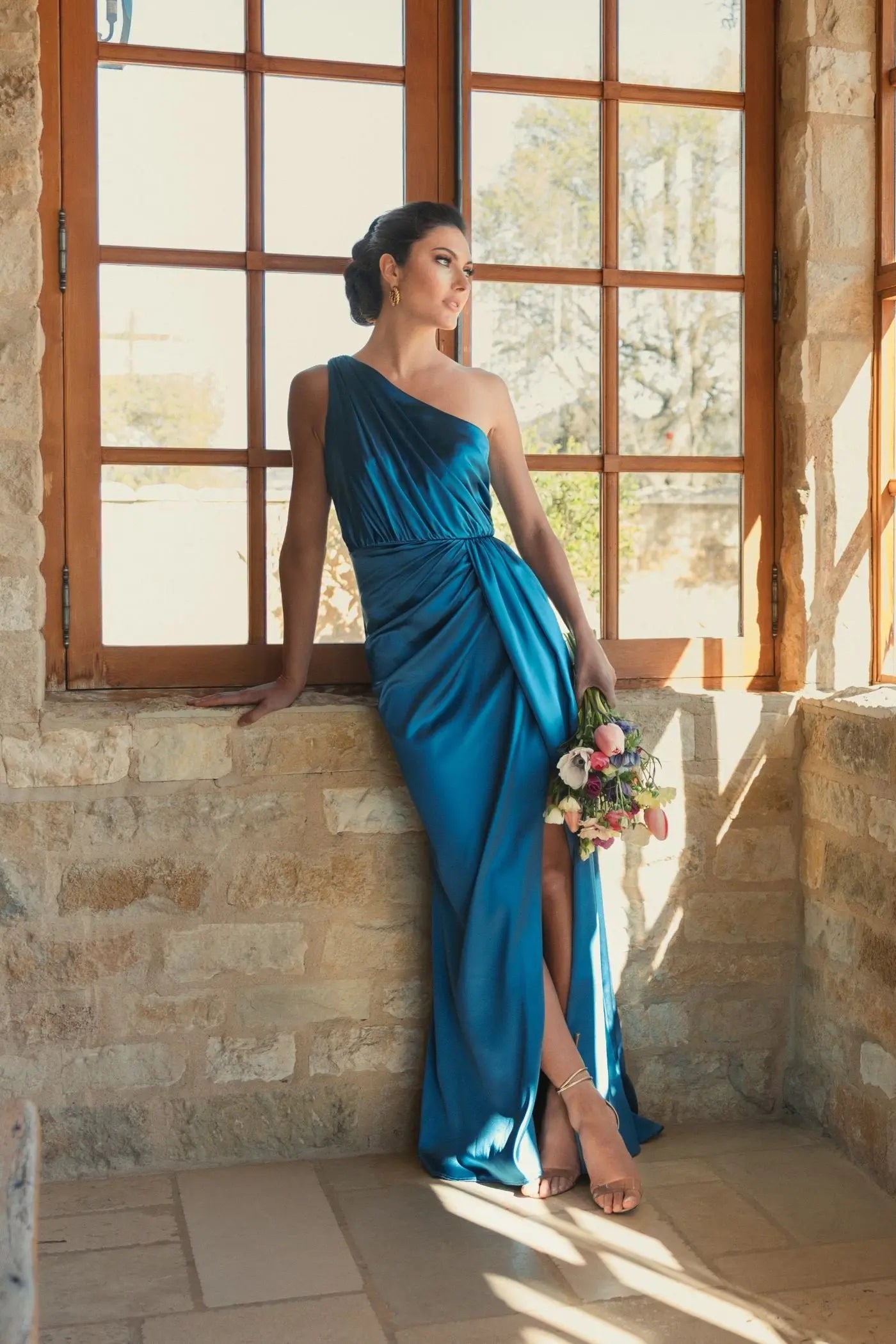 Blue Gathered One Shoulder Satin Faux Wrap Gown | Mac Duggal
