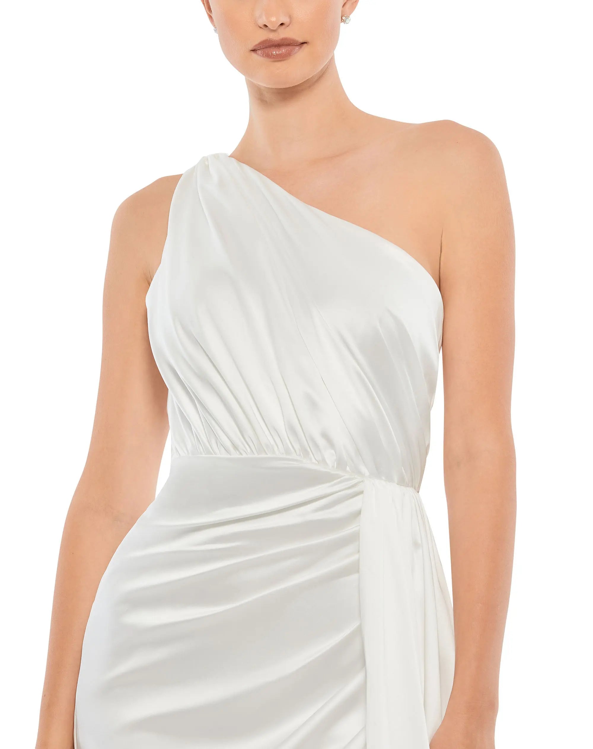 White Gathered One Shoulder Satin Faux Wrap Gown - Ieena for Mac Duggal