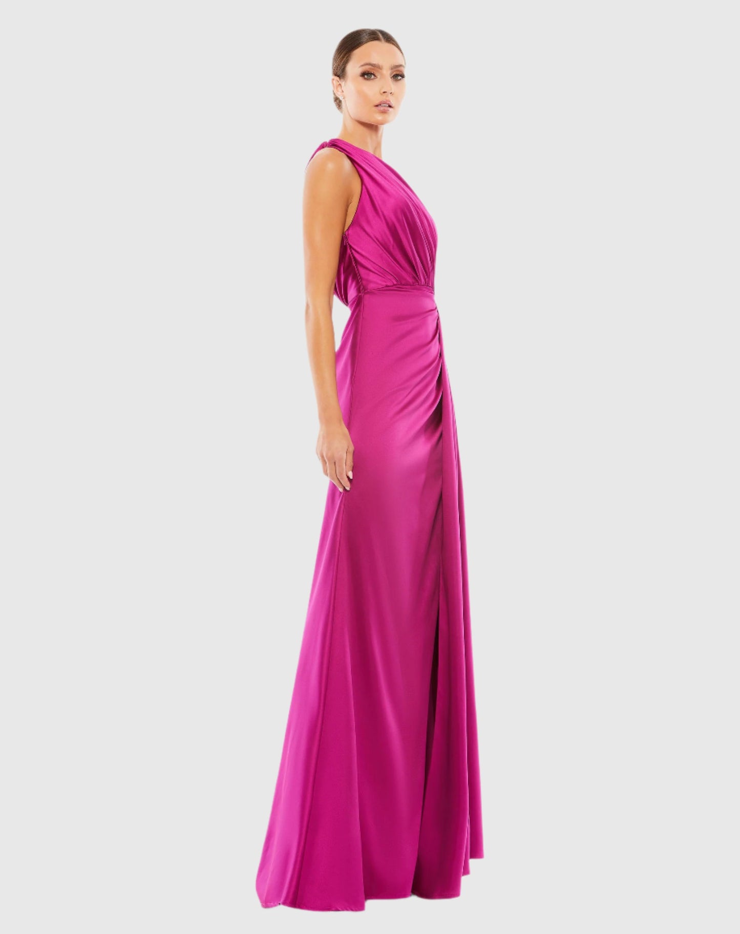 Gathered One Shoulder Satin Faux Wrap Gown