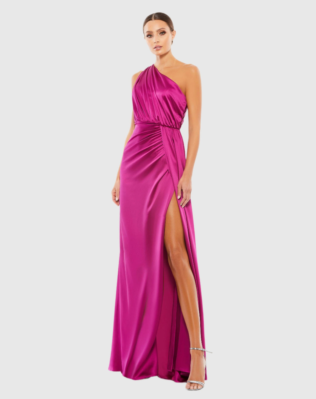 Gathered One Shoulder Satin Faux Wrap Gown