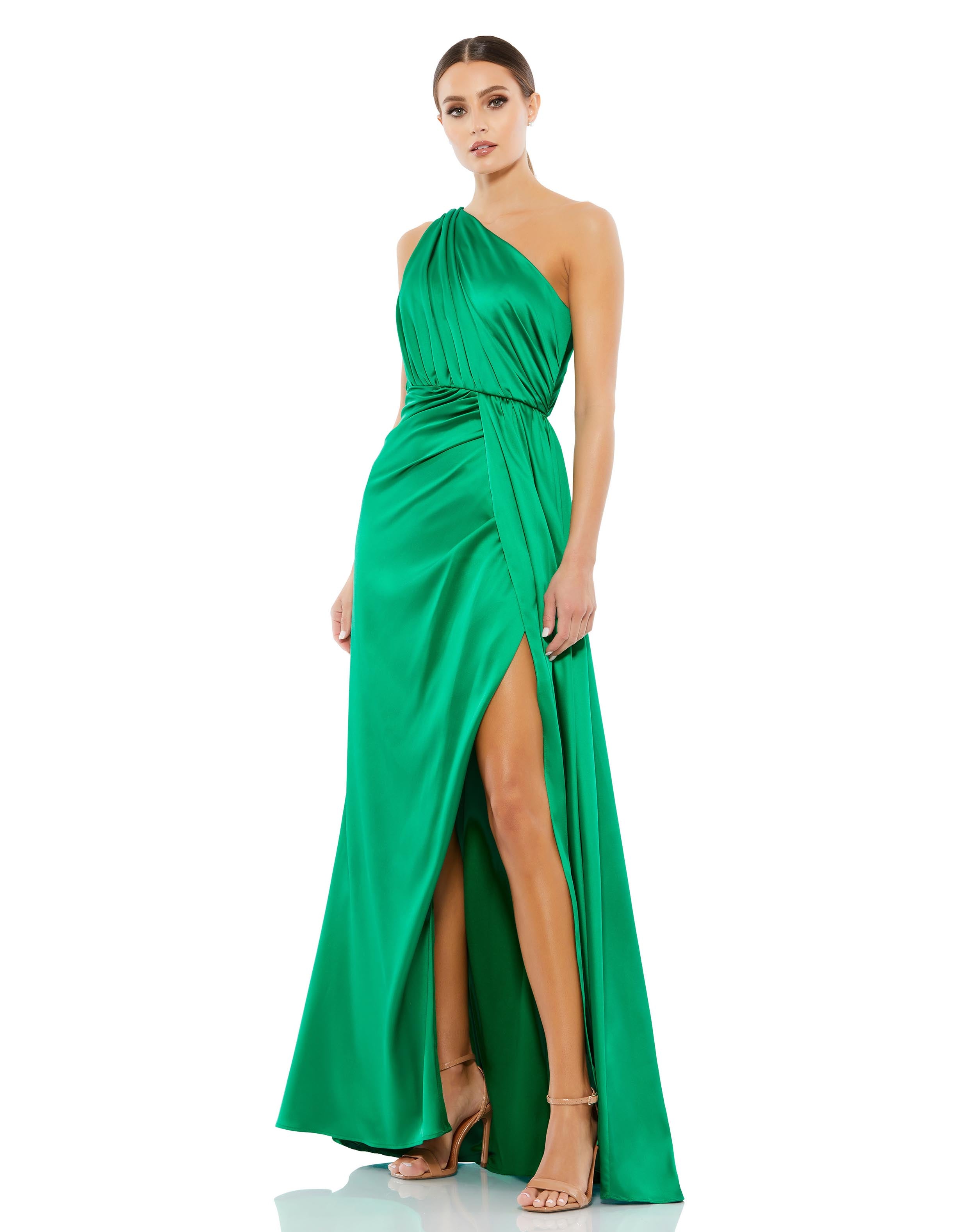 Gathered One Shoulder Satin Faux Wrap Gown