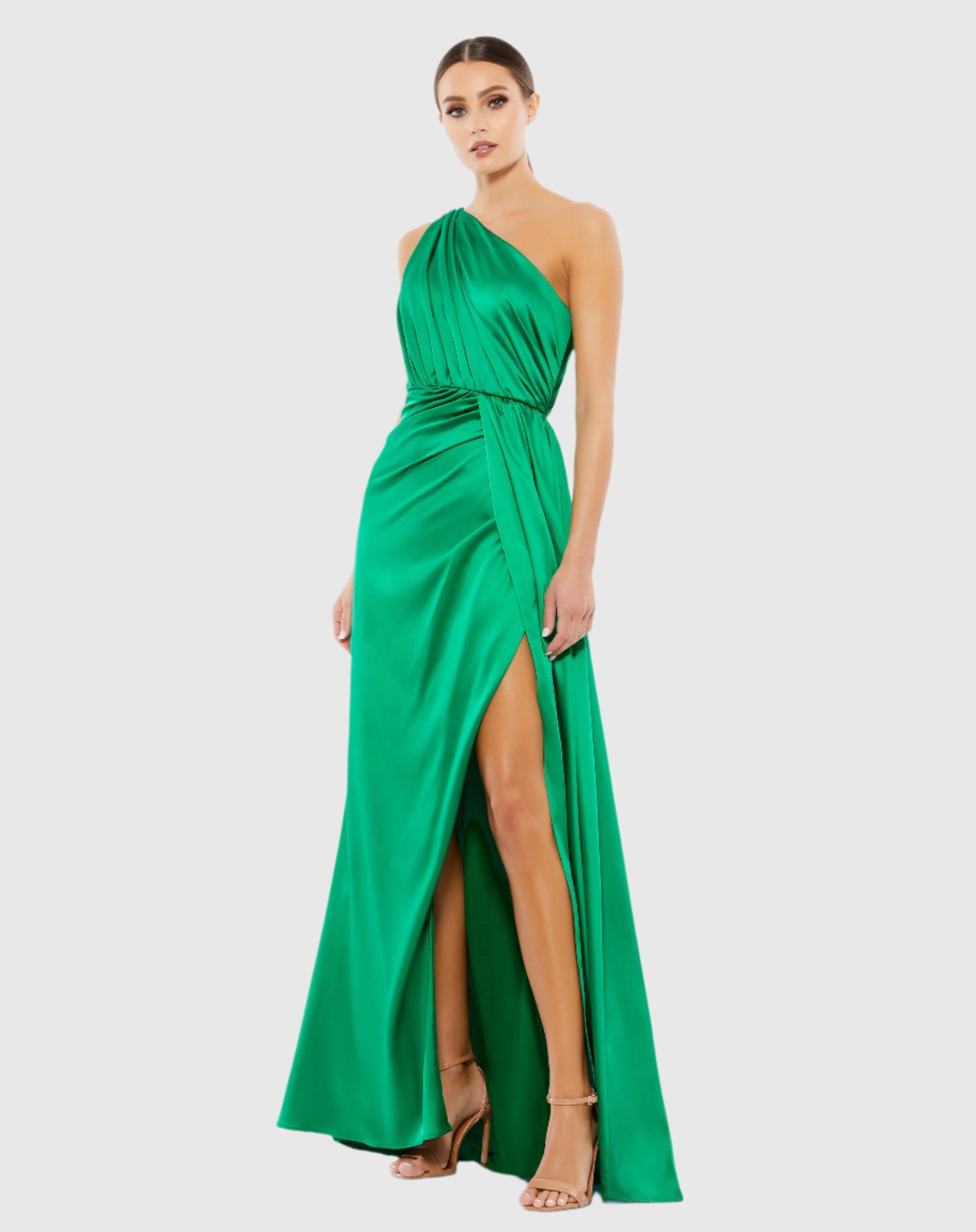 Gathered One Shoulder Satin Faux Wrap Gown