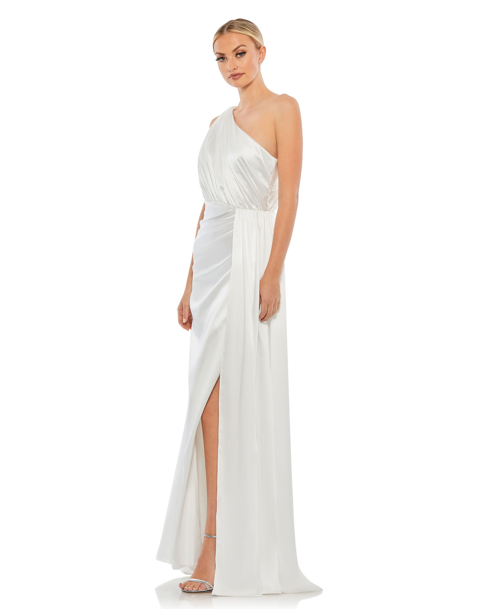 Gathered One Shoulder Satin Faux Wrap Gown - FINAL SALE