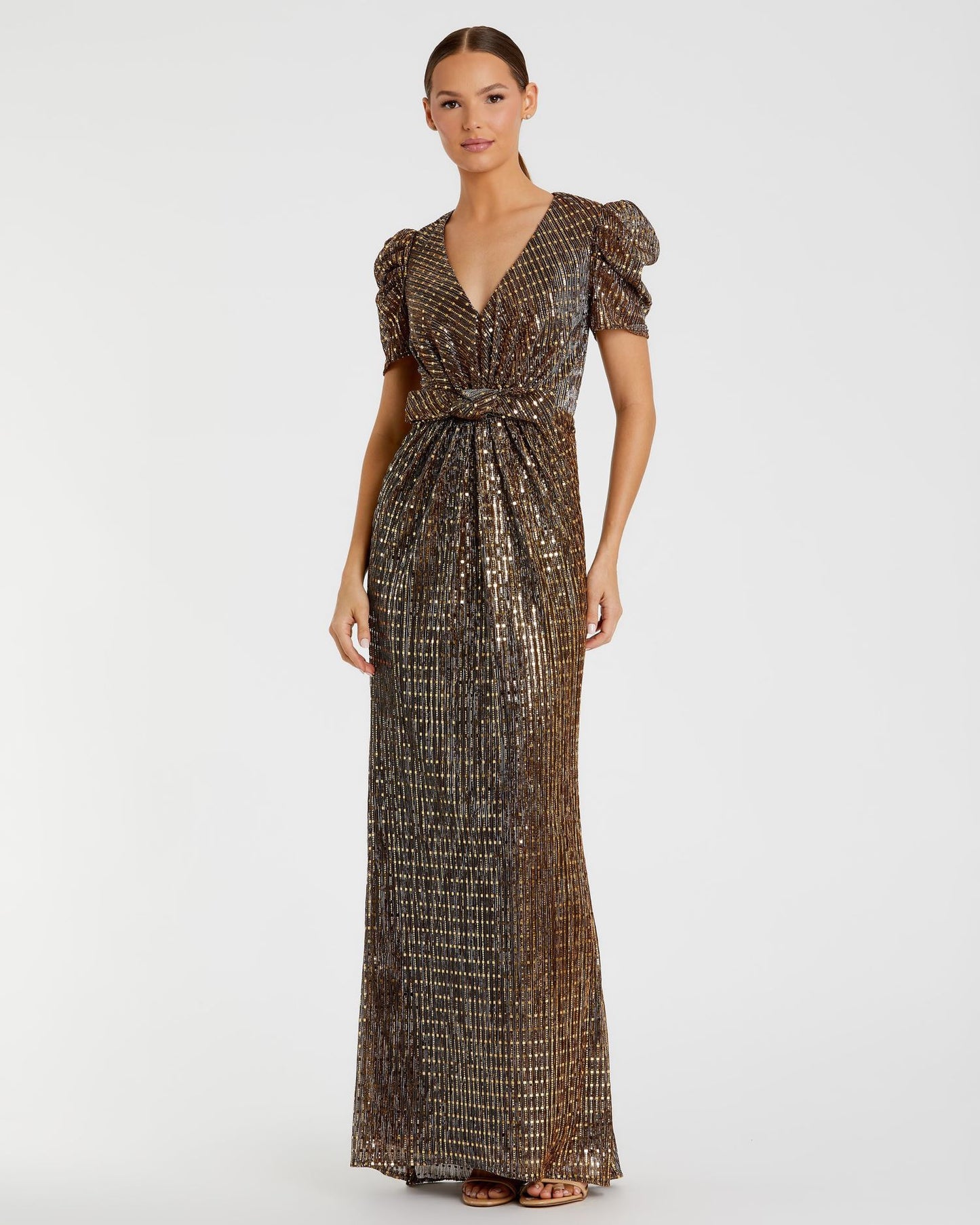 Bow Waist Cap Sleeve Metallic Gown